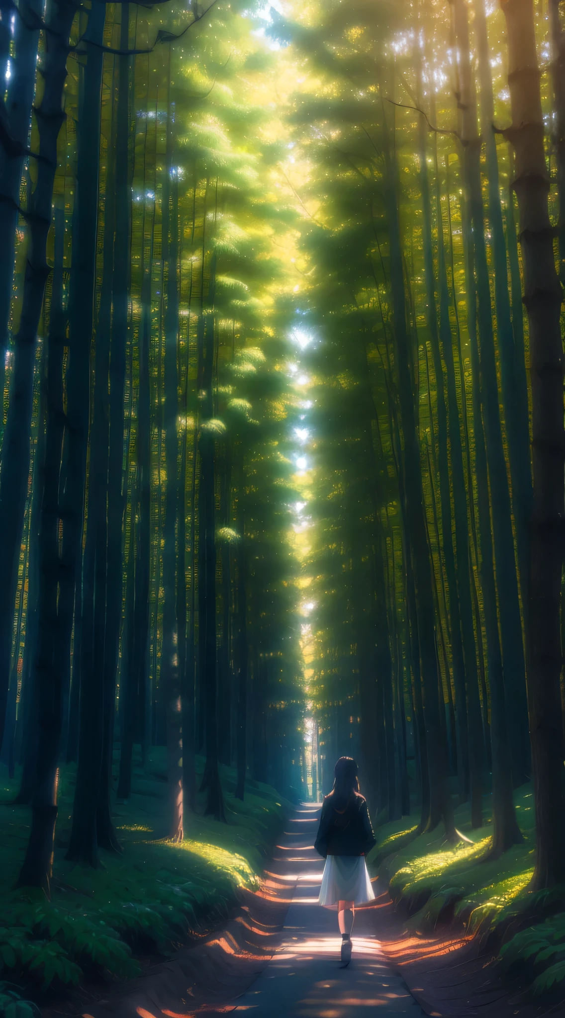 "Personnage d&#39;anime Nezuko marchant dans une belle forêt."
