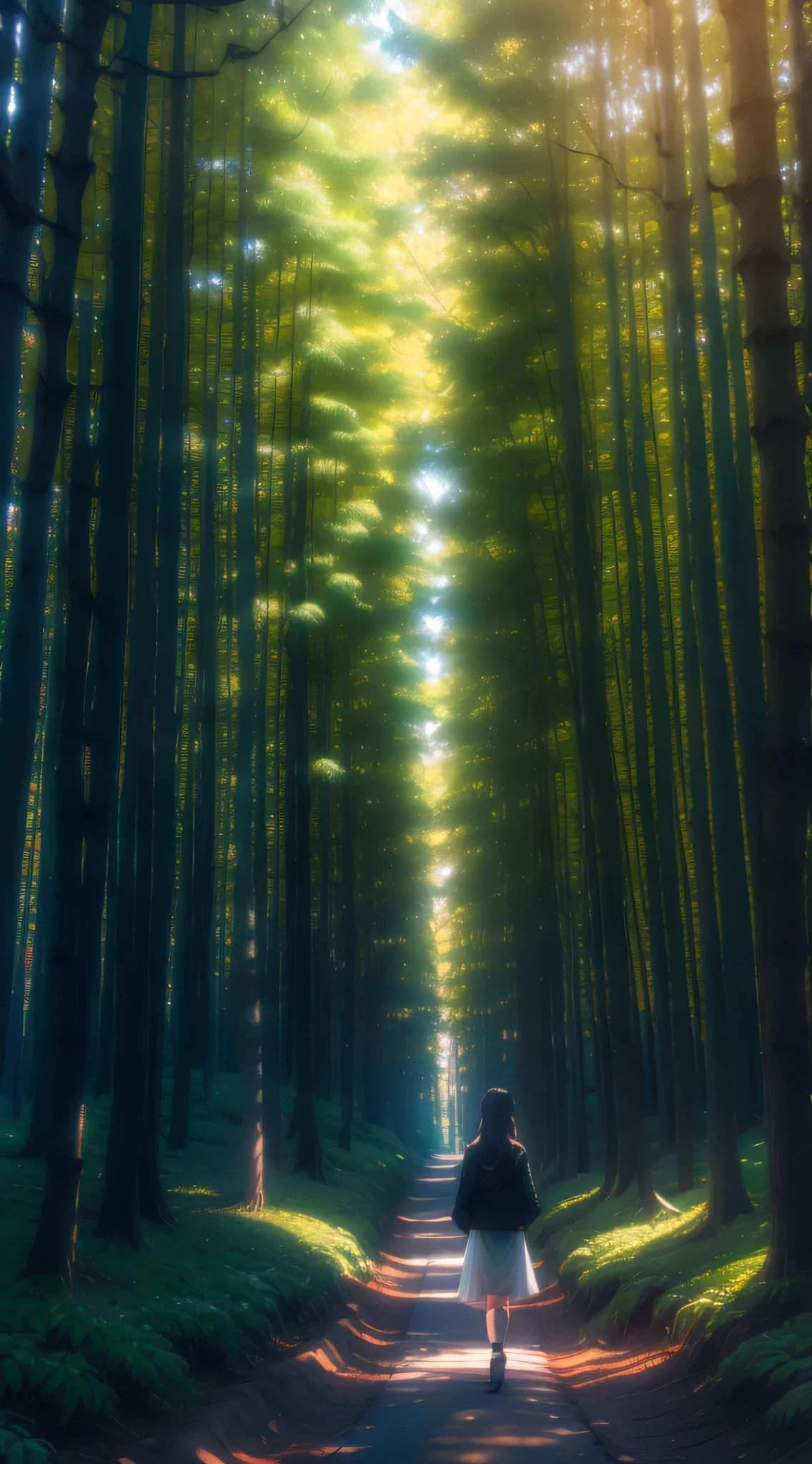 "Anime character Nezuko walking in a beautiful forest."