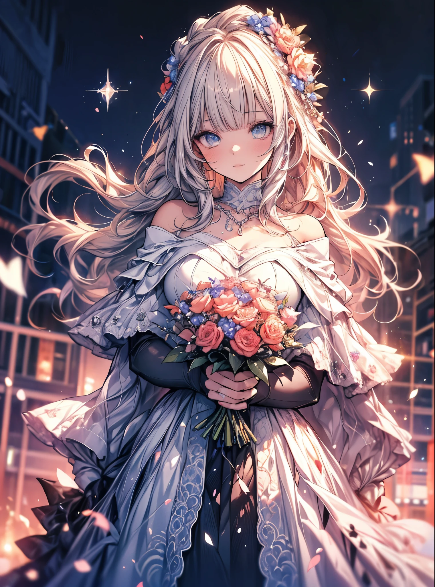 masterpiece, highest quality, High resolution, SA1, Floral off-the-shoulder dress, Sparkly eyes, false eyelashes, Cute atmosphere, have a bouquet,