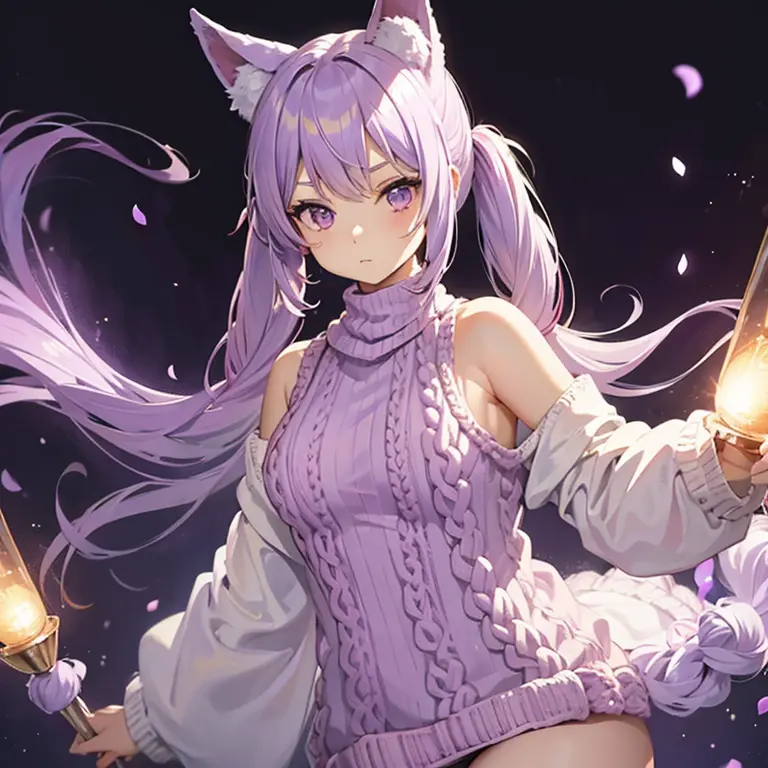 older sister,light purple hair,Lilac clothes,slender,sexy,light purple animal ears,solo, (knit:1.5),Seductive body,twin tails