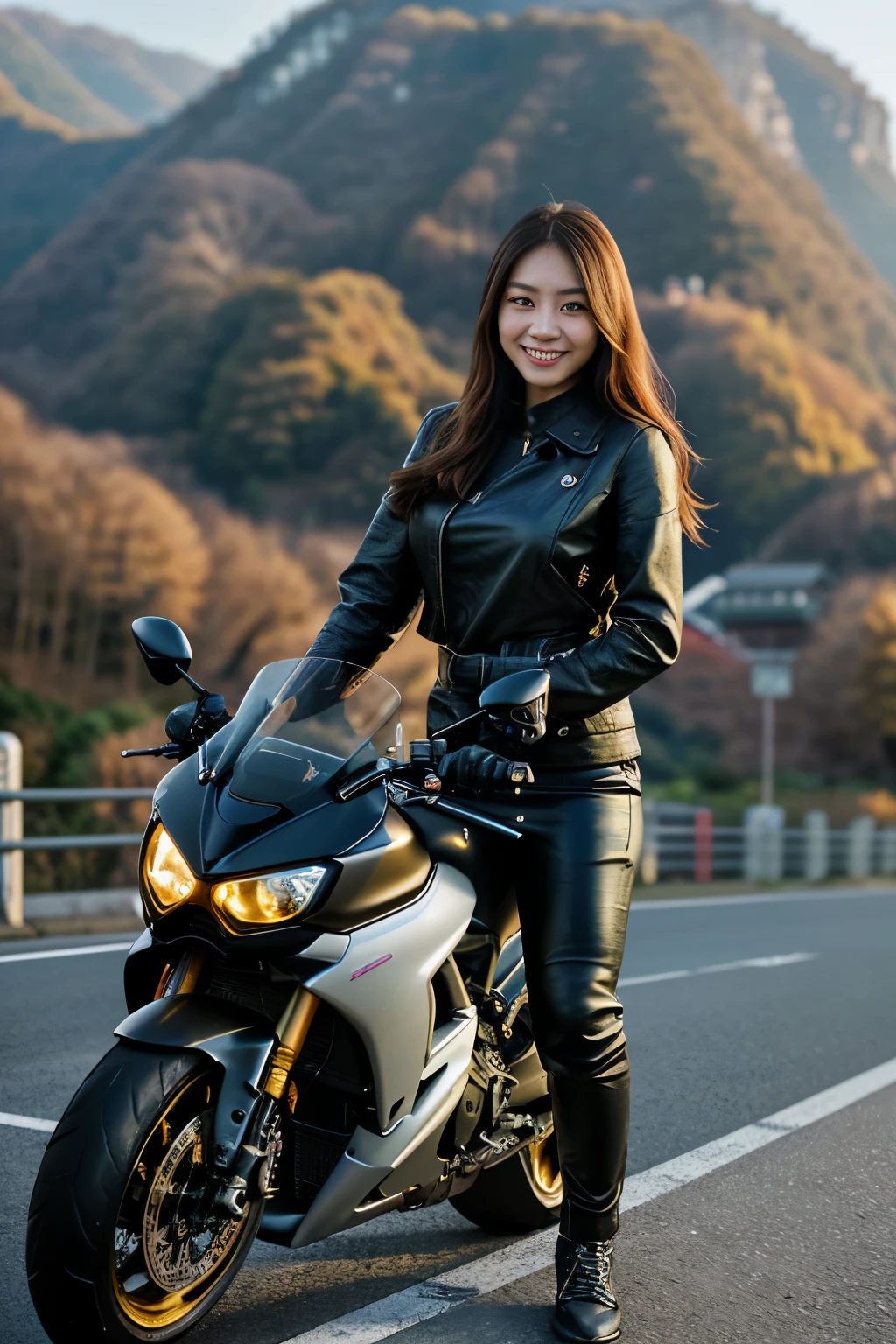 Woman in leather jacket standing next to a motorcycle on a road - SeaArt AI