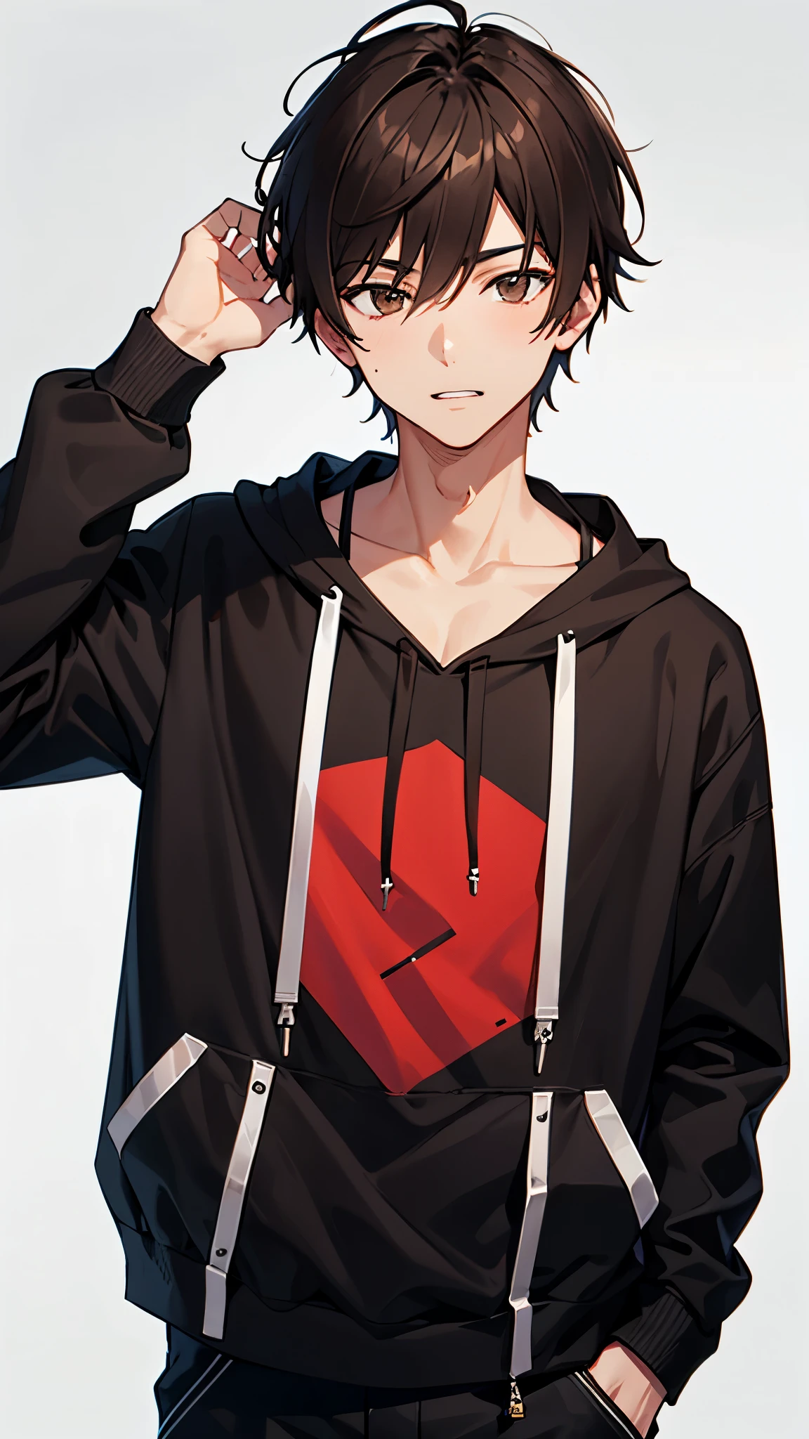 Anime boy in black hoodie with red heart on chest SeaArt AI