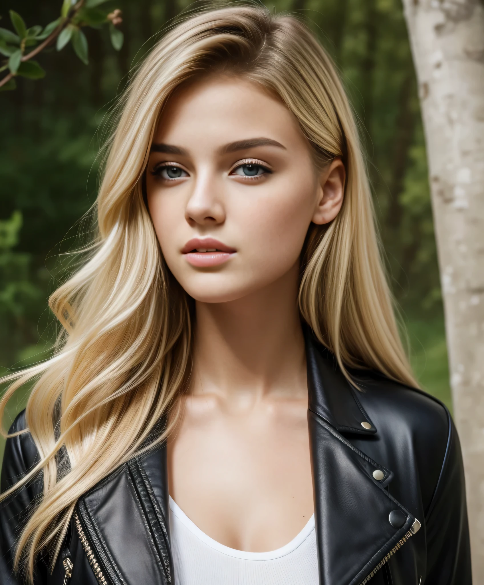 A close up of a woman wearing a black leather jacket - SeaArt AI