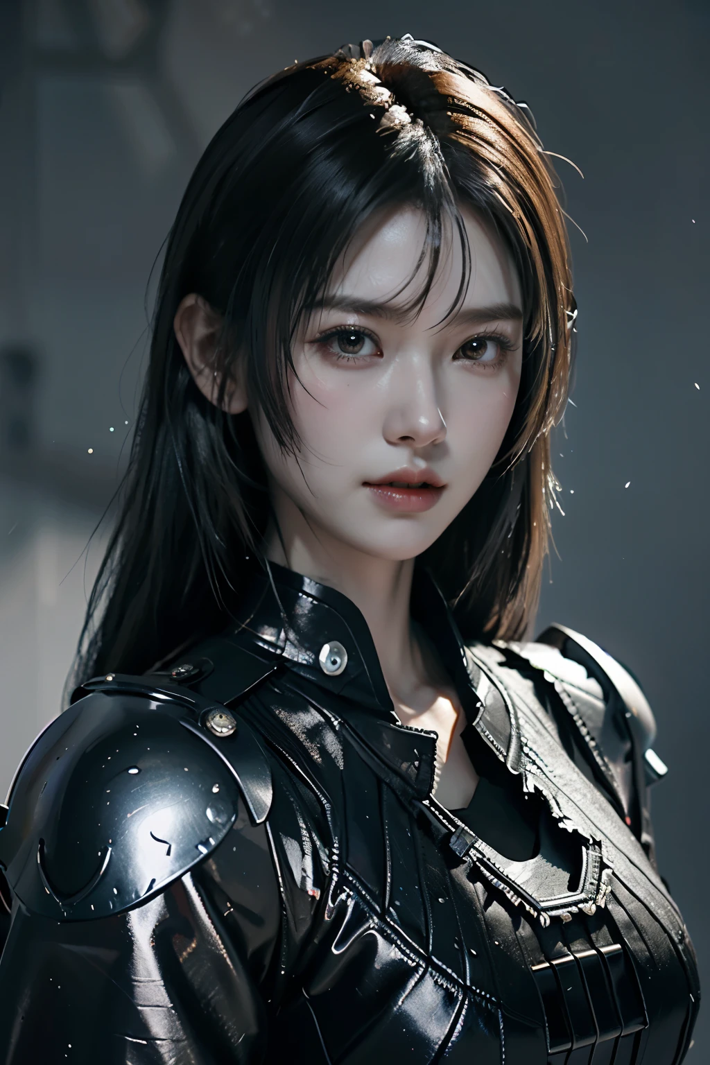 Game art，The best picture quality，Highest resolution，8K，((A bust photograph))，((Portrait))，(Rule of thirds)，Unreal Engine 5 rendering works， (The Girl of the Future)，(Female Warrior)， 22岁少女，(Female hackers)，(Ancient Oriental hairstyle)，(A beautiful eye full of detail)，(Big breasts)，(Eye shadow)，优雅迷人，冷漠，((Frown))，(Battle wear full of futuristic tech，Clothing combines futuristic power armor and police uniforms，The garments are adorned with glittering patterns and badges)，赛博朋克人物，未来风格， 拍照姿势，城市背景，Movie lights，Ray tracing，Game CG，((3D Unreal Engine))，oc渲染反射纹