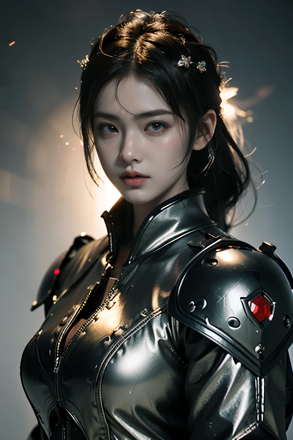 Game art，The best picture quality，Highest resolution，8K，((A bust photograph))，((Portrait))，(Rule of thirds)，Unreal Engine 5 rendering works， (The Girl of the Future)，(Female Warrior)， 22岁少女，(Female hackers)，(Ancient Oriental hairstyle)，(A beautiful eye full of detail)，(Big breasts)，(Eye shadow)，优雅迷人，冷漠，((Frown))，(Battle wear full of futuristic tech，Clothing combines futuristic power armor and police uniforms，The garments are adorned with glittering patterns and badges)，赛博朋克人物，未来风格， 拍照姿势，城市背景，Movie lights，Ray tracing，Game CG，((3D Unreal Engine))，oc渲染反射纹