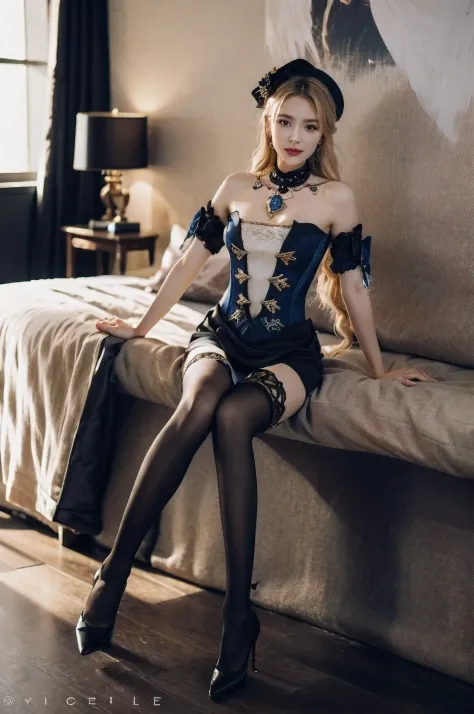 sitting on bed, black high heels, pointed-toe heels, (black stilettos heels), (side hollow heels), (black thighhighs), beautiful legs,slim legs, 
navia /(genshin impact/), (looking at viewer, smile), cleavage, breasts, blue diamond necklace, 
ornate dress,...