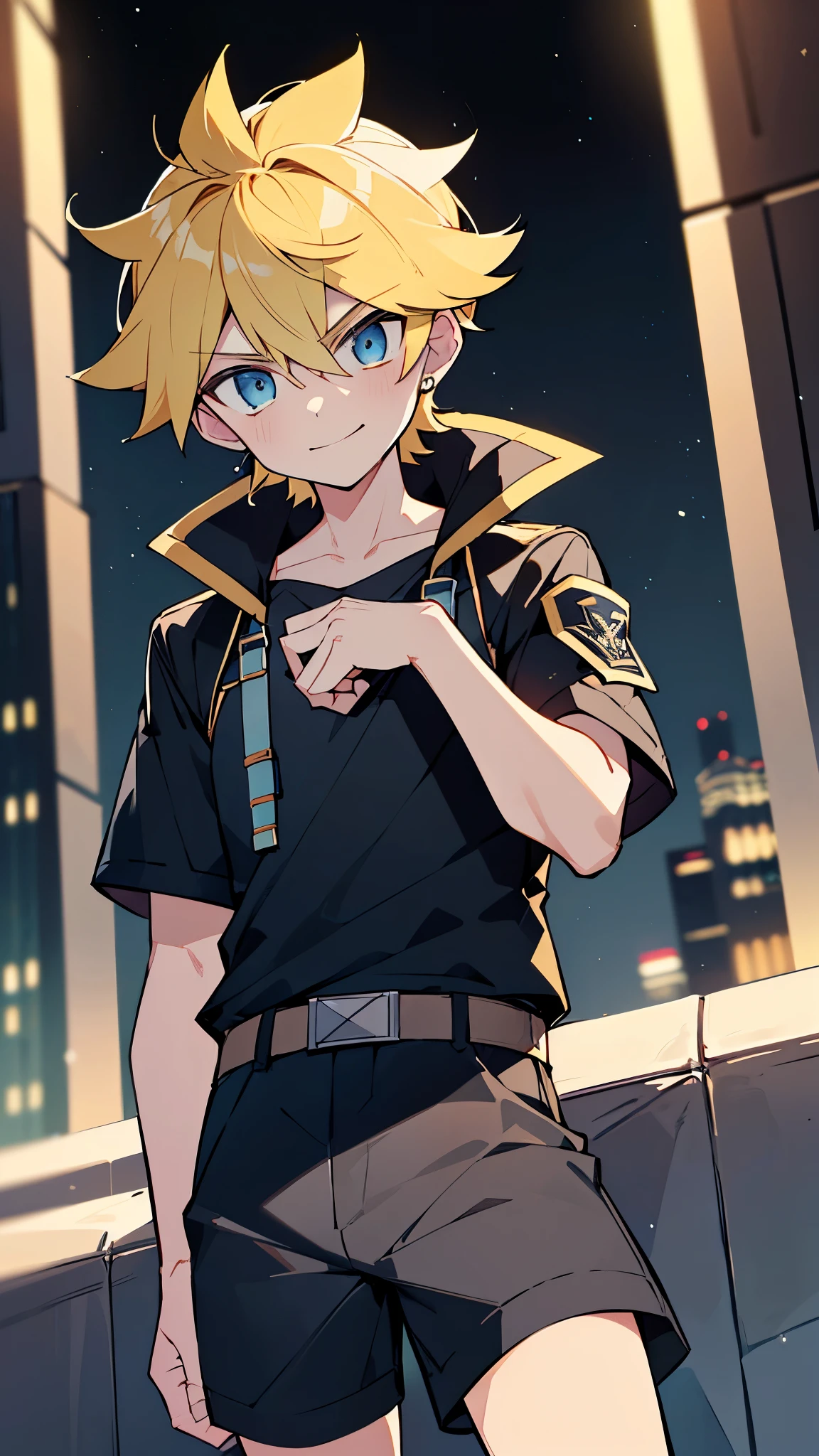 highres,wallpaper,solo,little boy,1 boy,original,illustration,blue eyes,yellow hair,masterpiece,male,male focus,boy, ((masterpiece)),(((best quality))), (high-quality, breathtaking), (expressive eyes, perfect face), 1boy, solo, male, short,, on top of building, night sky, dark, buildings, (wear short shorts), smirk,shorts:1.3,(black combatant uniform:1.1,bulge:1.4,dark power:1.3,sentai,black:1.3, all black outfits:1.1,erect under pants),