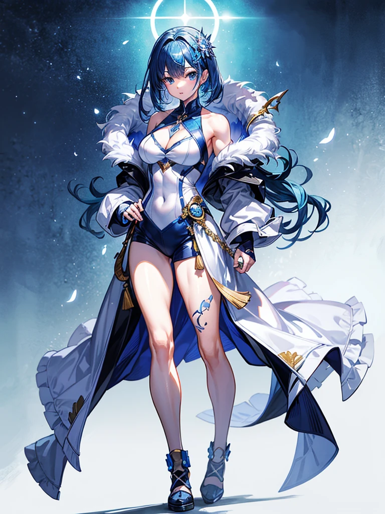 （（（masterpiece、Highest image quality、highest quality、highly detailed unity 8ｋwallpaper）））、（（Illustration of one girl））、（（（beautiful girl）））、blue hair、stocky build, thickset physique：1.3, muscular legs, broad shoulders, solid chest、white clothes