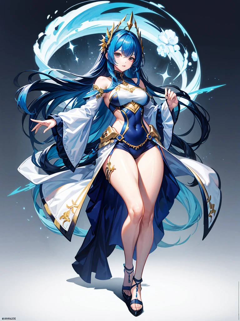 （（（masterpiece、Highest image quality、highest quality、highly detailed unity 8ｋwallpaper）））、（（Illustration of one girl））、（（（beautiful girl）））、blue hair、stocky build, thickset physique：1.3, muscular legs, broad shoulders, solid chest、white clothes