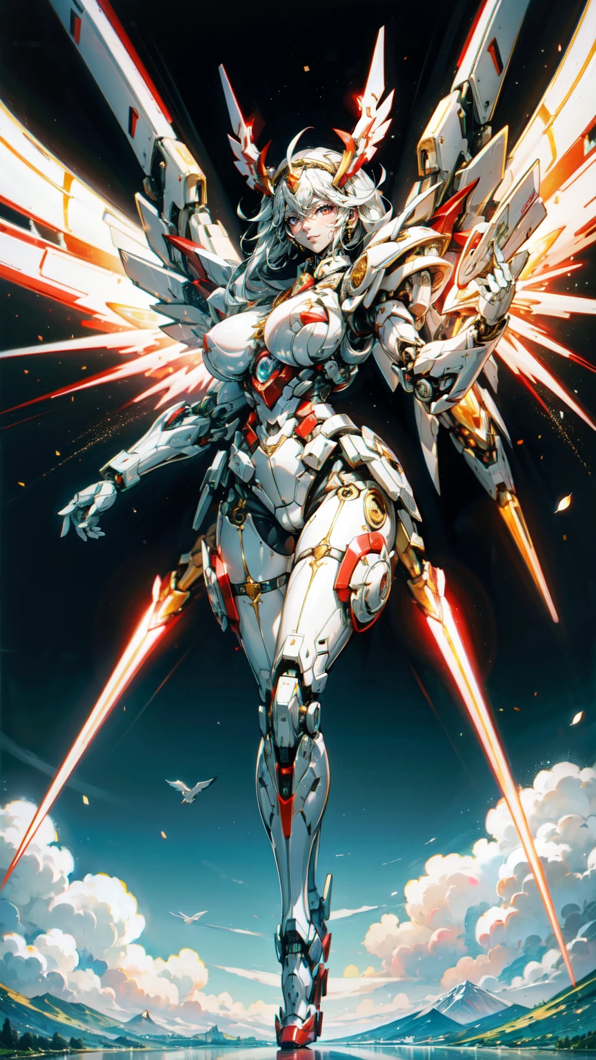 A beautiful mechanical girl，mechanical angel，There are huge white mechanical wings on the back，tall，Perfect mechanical body，Intricate white mechanical bodysuit，sense of the future，science fiction style，（red mechanical body：1.3），Red manipulator臂，Red manipulator，Mechanical neck，Mechanical details，金属luster，Mechanical chest，Plump breasts，Plump buttocks，High heel，sexy，grace，Temperament，long white hair，red eyes，finely quality eyes，beautiful face，Smile，luster，（bust：1.5），perfect details，Ray tracing，8K，highest resolution，work，highest quality，Science fiction works，Character focus，daytime，sunny，sunny，blue sky，Baiyun，Fly in the sky