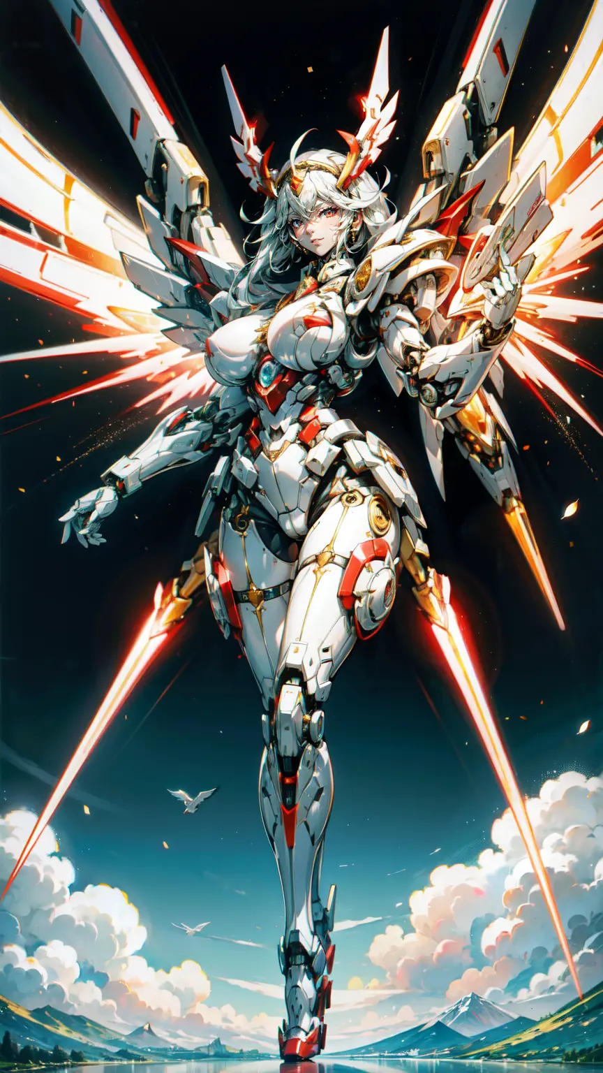 A beautiful mechanical girl，mechanical angel，There are huge white mechanical wings on the back，tall，Perfect mechanical body，Intr...