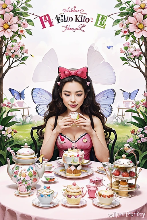 A Hello Kitty tea party illustration, with Hello Kitty and friends enjoying a delightful afternoon tea in a whimsical garden, complete with cupcakes, flowers, and playful butterflies, Artwork, mixed media combining watercolor and digital illustration, --ar 9:16 --v 5