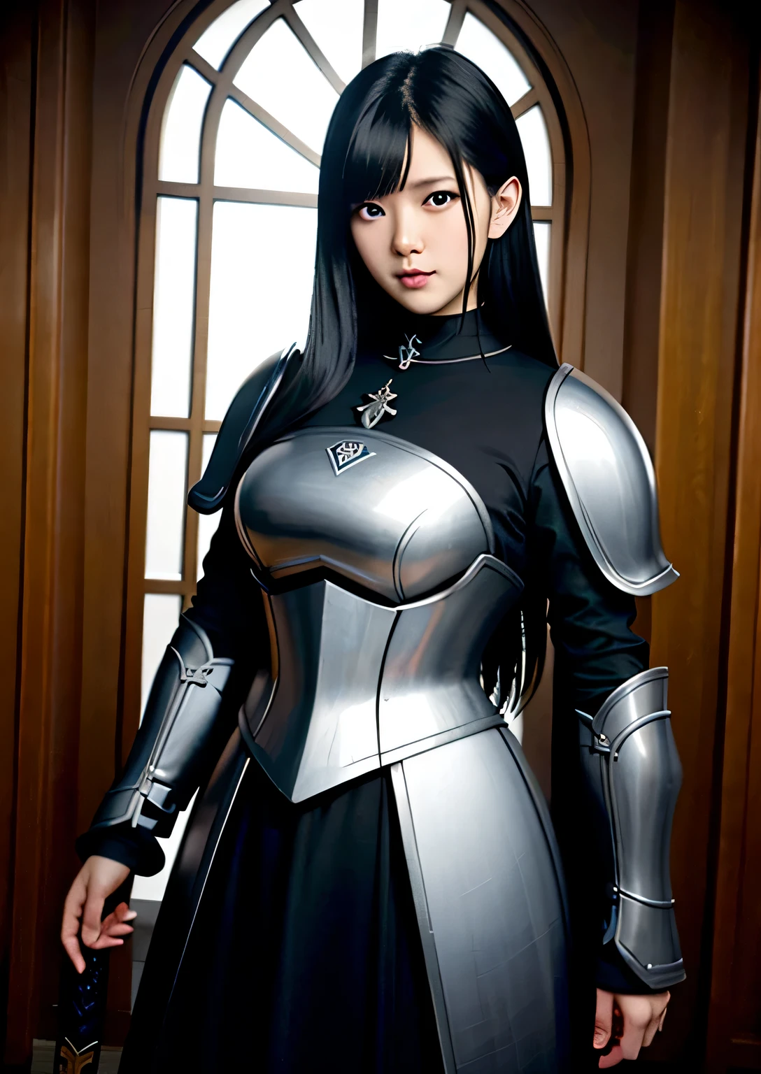 Sword World RPG style, nightmare, mercenary, young woman, 18 years old, cold white skin, blue eyes, black hair, long sword, Germanic man, Gothic plate armor, Historical plate armor