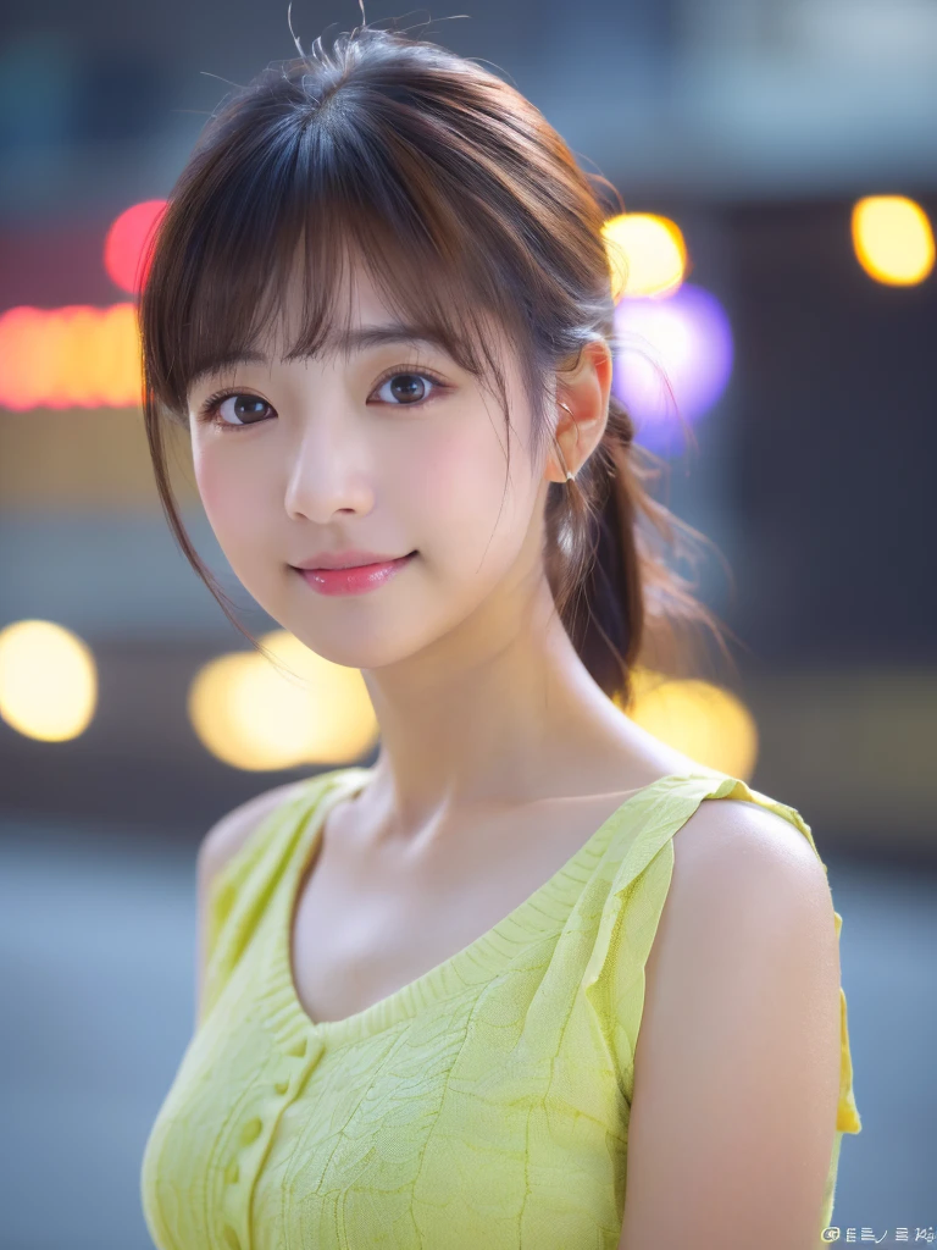 ((cute日本の女の子、beautiful japanese girl、1 girl、clear、19 years old、ponytail、Highly detailed face and skin texture、refinement、super detailed face、highly detailed eyes、Lee Hong、blush、cheek、ピンクのcheekを塗ったcheek、close-up of woman、 from the neck up、 Close to the camera、 positive face、Forward-facing body、look at the camera、front、cute、smooth white skin、Transparent skin texture、))、(dark brown hair、bangs)、beautiful woman with perfect style：1.4、japanese model、young gravure idol、若いcuteグラビアアイドル、Realistic young gravure idol、refinementされたグラビアアイドル、((highest quality、8K、masterpiece:1.3、１photograph))、(4K、RAWphotograph、highest quality)、(realistic、フォトrealistic:1.37)、Place someone on the other side of the screen、Natural light、professional lighting、