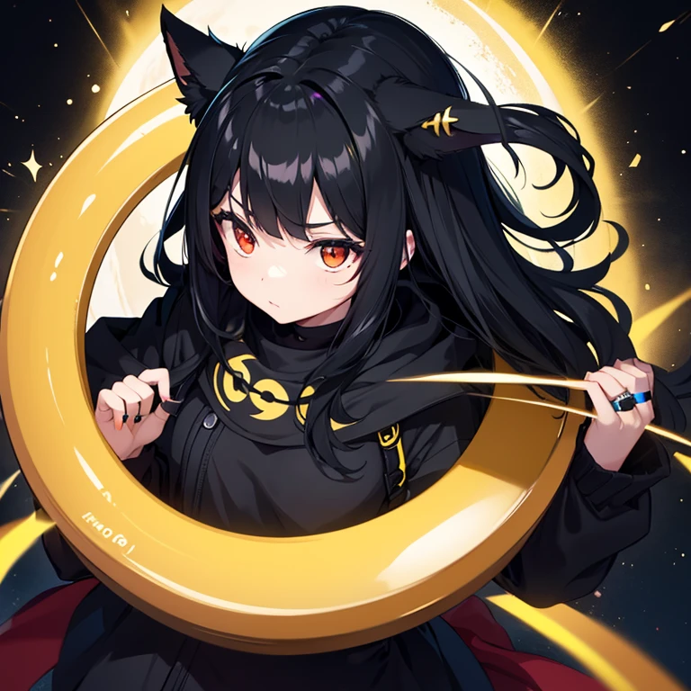 beautiful girl,black hair,Black clothes,slender,sexy。black animal ears,solo,yellow ring,(yellow ring:1.5),cute,Plump,moon,(red eyes:1.5), forehead