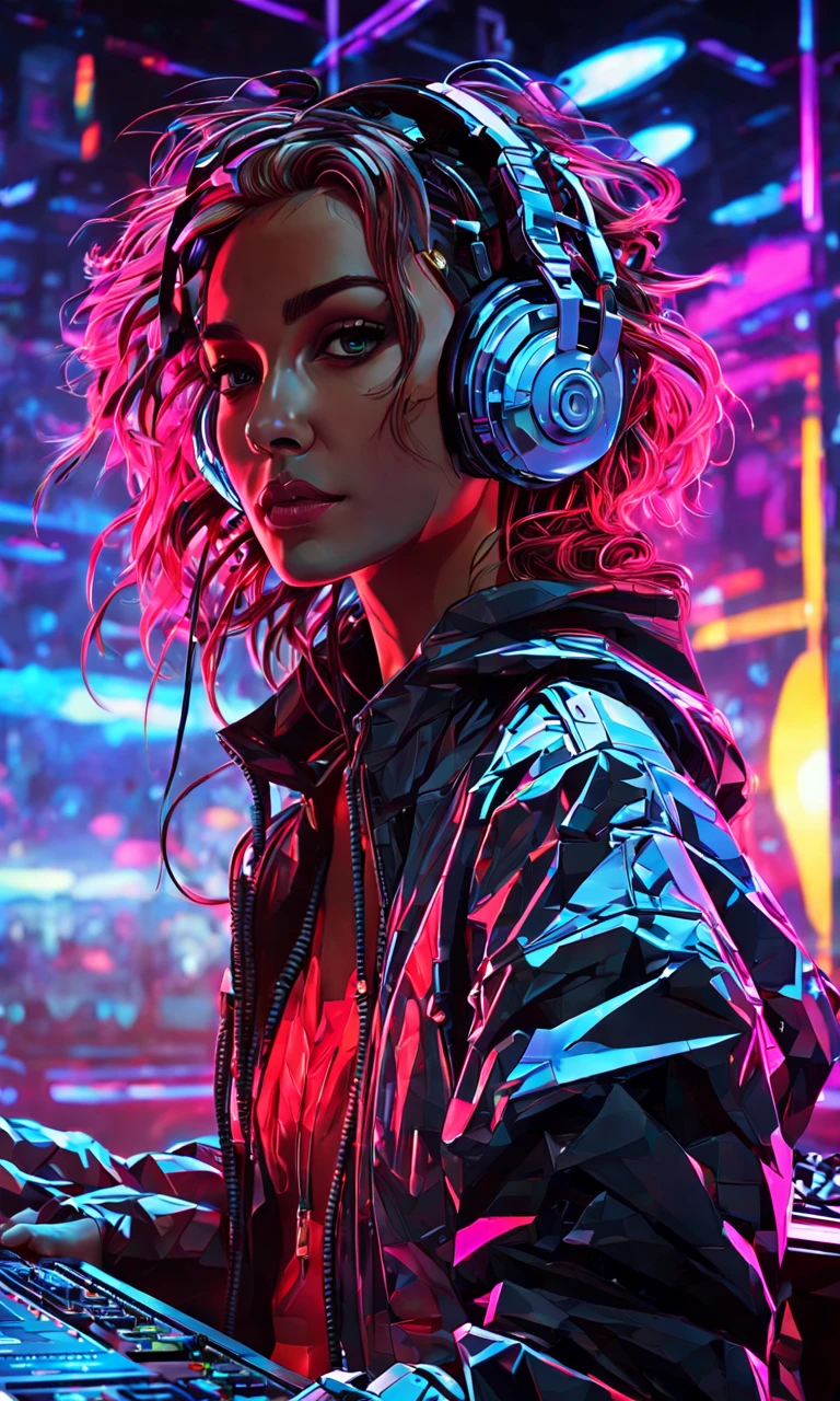 xsgb,Portrait,1girl,Full-body shot,Dynamic,(Cybernetic DJ),(Mixing music in a futuristic club:1.2),(Glowing neon lights:1.1),a dynamic portrait of a cybernetic DJ mixing music in a futuristic club with glowing neon lights,(Holographic turntables),(Crowd dancing in the background),(Energetic atmosphere:1.3),capturing the energy of a futuristic nightlife.,