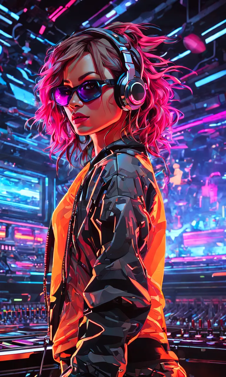 xsgb,Portrait,1girl,Full-body shot,Dynamic,(Cybernetic DJ),(Mixing music in a futuristic club:1.2),(Glowing neon lights:1.1),a d...