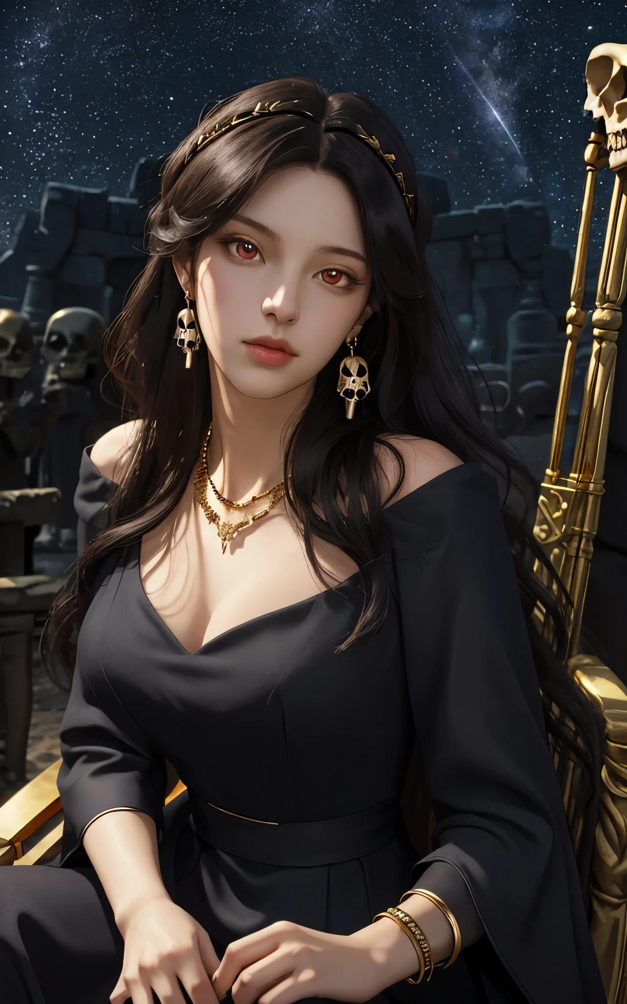 1 girl, solo, details, masterpiece, best quality, photorealistic realism, beautiful girl, long hair, black hair, skull headband,  gold earrings, red eyes, beautiful face, skull necklace, perfect body, large breast, open chest, black long dress, skull bracelet, gold earrings, musical instrument,  sit on ancient chair, dark sky, dark temple, 