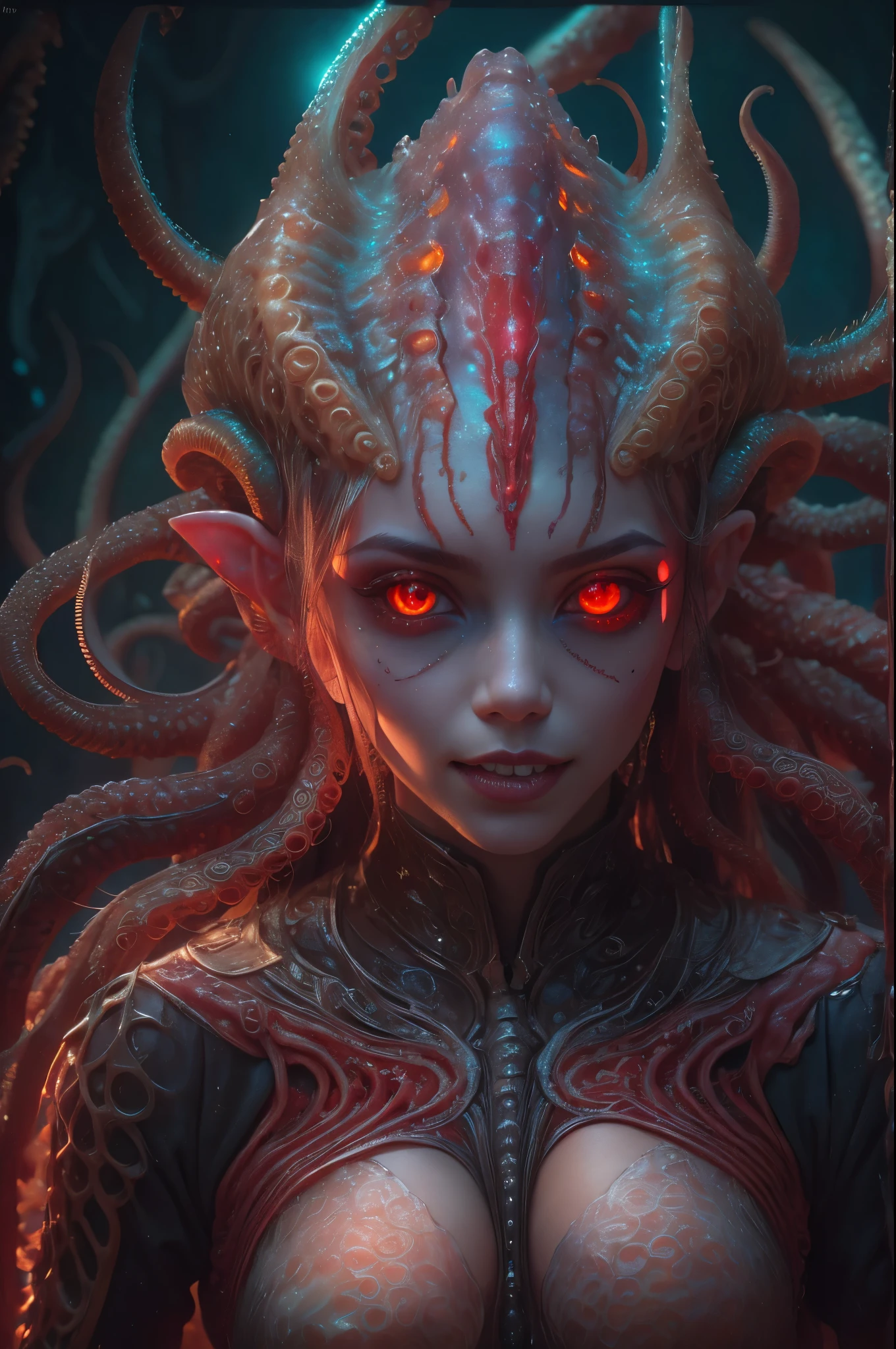 scary and sexy detailed art in color, Portrait, (beautiful and obscene female alien:1.4), (vulgarity1.5), (she has glowing red eyes with no pupils:1.8), (Translucent skin:1.7),  ((There is a female genital-like organ in the middle of the forehead:1.9)), (The most beautiful face in the history of the universe:1.2),an evil gaze that seduces, (large mouth:1.1), (sharp teeth like a vampire:1.2), Full body portrait, (bio luminescent:1.5), (Smile wickedly:1.3),  (sexypose:1.5), incredibly beautiful matured alien, (she has unparalleled beauty:1.5),  No humans, cells are fused, (Lots of translucent tentacles:1.6) extraterrestrial, cell, bio image, best quality, 8K,In 4K_quality, High freshness, Dramatic Lighting, masterpiece:1.5, cinematic quality, detail up, (exquisite details:1.2), high resolution, High freshness, drawing faithfully, (Thick eyebrows:1.2), Beautiful eyes with fine symmetry, (Highly detailed face and eyes:1.2),  (Super detailed skin quality feeling:1.1), perfect anatomy,  (Beautiful toned body:1.5),  (Moist skin:1.2), not wearing makeup, (dark circles:1.1), long canines, cinematic drawing of characters, ultra high quality model, cinematic quality, detail up, (exquisite details:1.2), high resolution, High freshness, drawing faithfully, official art, Unity 8K Wall  , 8K Portrait, best quality, Very high resolution, ultra detailed artistic photography, midnight aura,  unreal engine 5, Ultra Sharp Focus, art by Amano Yoshitaka, ArtGerm, Roisch, intricate artwork, best quality, masterpiece, ultra high resolution, (photos realistic:1.4), ultra realistic realism, dream-like, nautilus, Creation of fantasy, Snail, Dream Snail, (biopunk nautilus:1.3),Thrilling color schemes, ultra realistic realism, seductively smiling, (white tentacles with stripes:1.2), subtle emerald green accents, (expression of ecstasy:1.6) , in the dark, she has snake-like eyes