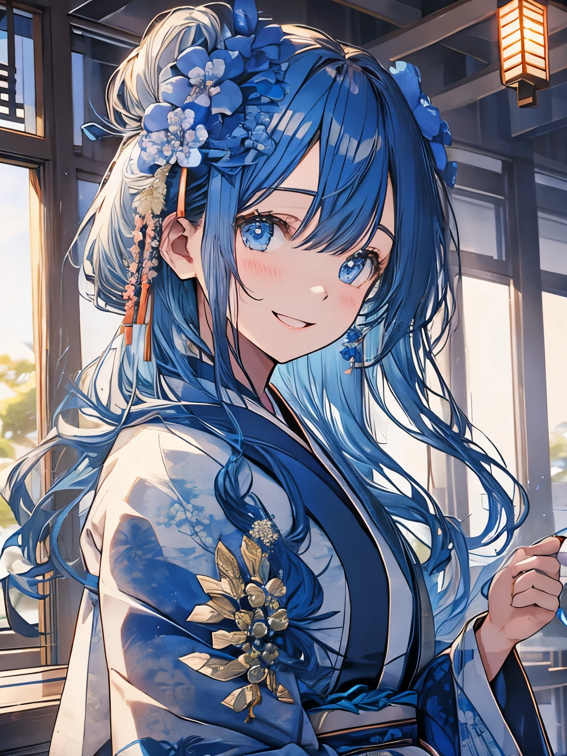 blue、kimono、kimono、Año Nuevo、adorno de pelo de flores、reír、sonrisa、ojos azules