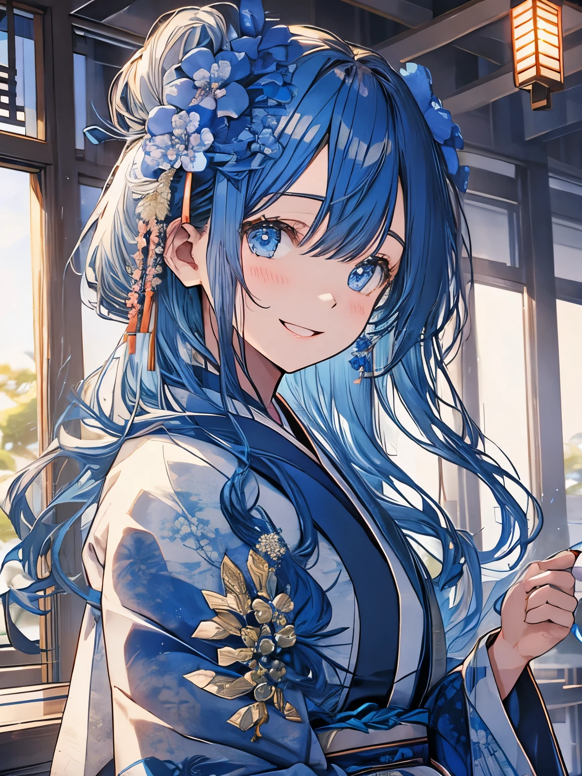 bleu、kimono、kimono、Nouvelle année、ornement de cheveux de fleur、en riant、sourire、bleuの目