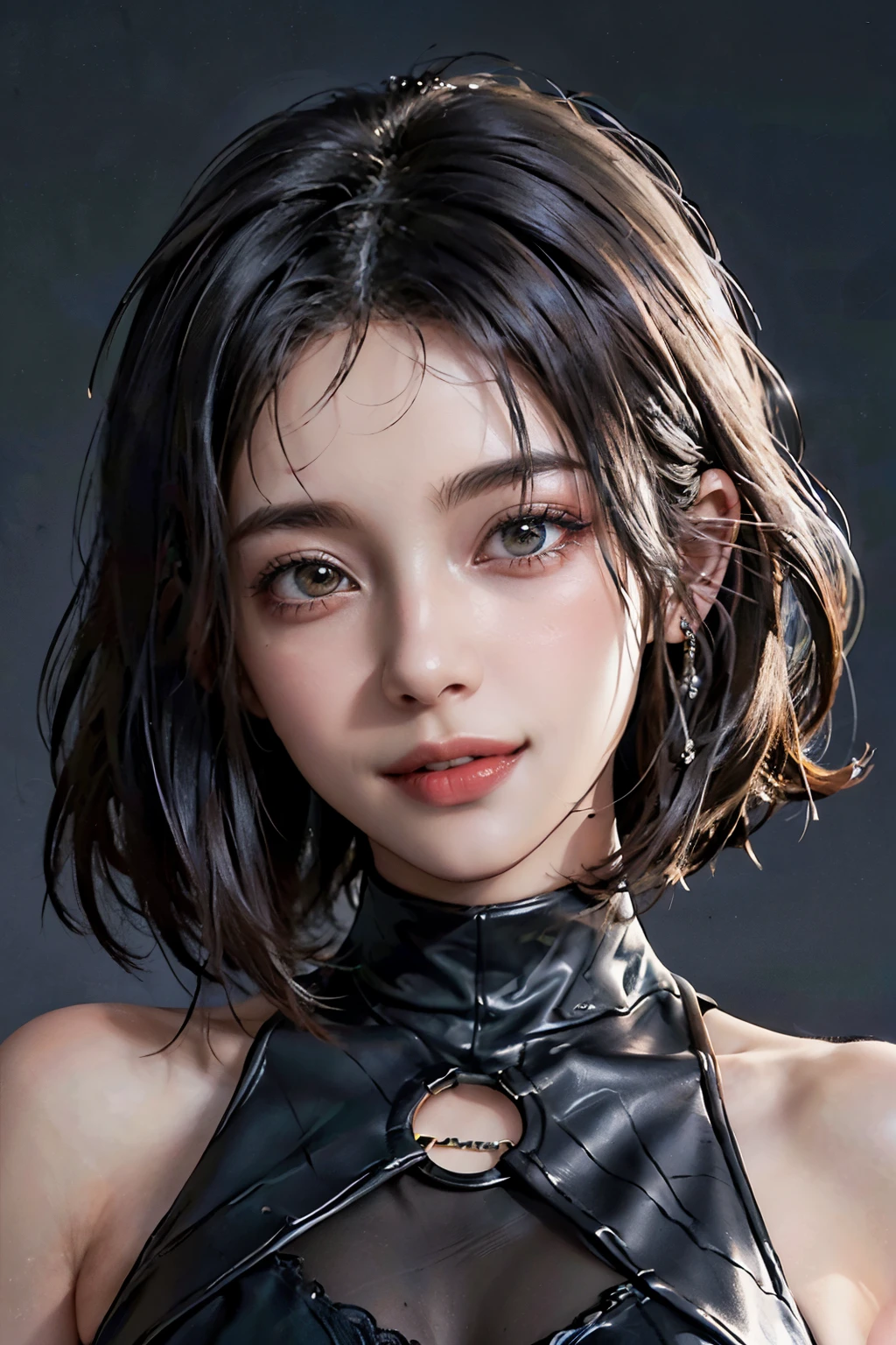 a 20 yo woman、Black Hair、cabello corto、sharp bob haircut, flequillo, Big smile、ojos azules, (hi-top fade:1.3)、dark themed、Muted Tones、Subdued Color、highly contrast、(natural skin textures、Hyper-Realism、Soft light、sharp)