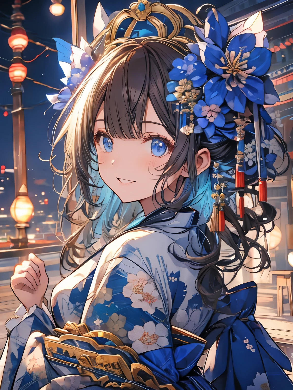 blue、kimono、kimono、Año Nuevo、adorno de pelo de flores、reír、sonrisa、ojos azules、Cabello castaño claro、sombra