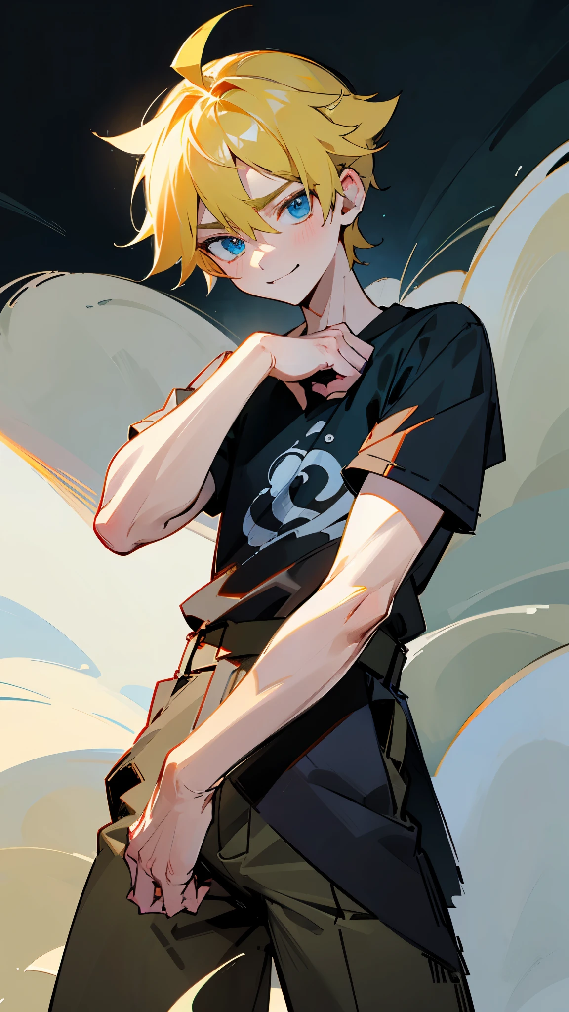 highres,wallpaper,独奏,,1 boy,original,illustration,Blue eyes,yellow hair,masterpiece,male,male focus,boy, ((masterpiece)),(((best quality))), (high-quality, breathtaking), (expressive eyes, perfect face), 1boy, 独奏,male,smirk,shorts,erect,black t-shirt :1.1,indoor，On the bed:1.4，Lie down:1.3,bed，Legs apart，Lift your feet，White socks，Crotch:1.3,Dripping sweaty feet,Four Corners,nsfw，Crotch隆起:1.2