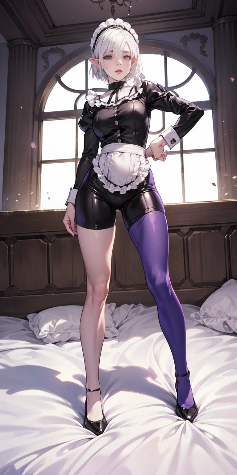 White hair , short hair, pinched eyes, (big-:1.5), Thin legs, thin body, leather collar, Maid outfit victorian, dynamic pose, full body, view from below, wide hips, kneel on the sheet in bed. purple skin, drow elf

