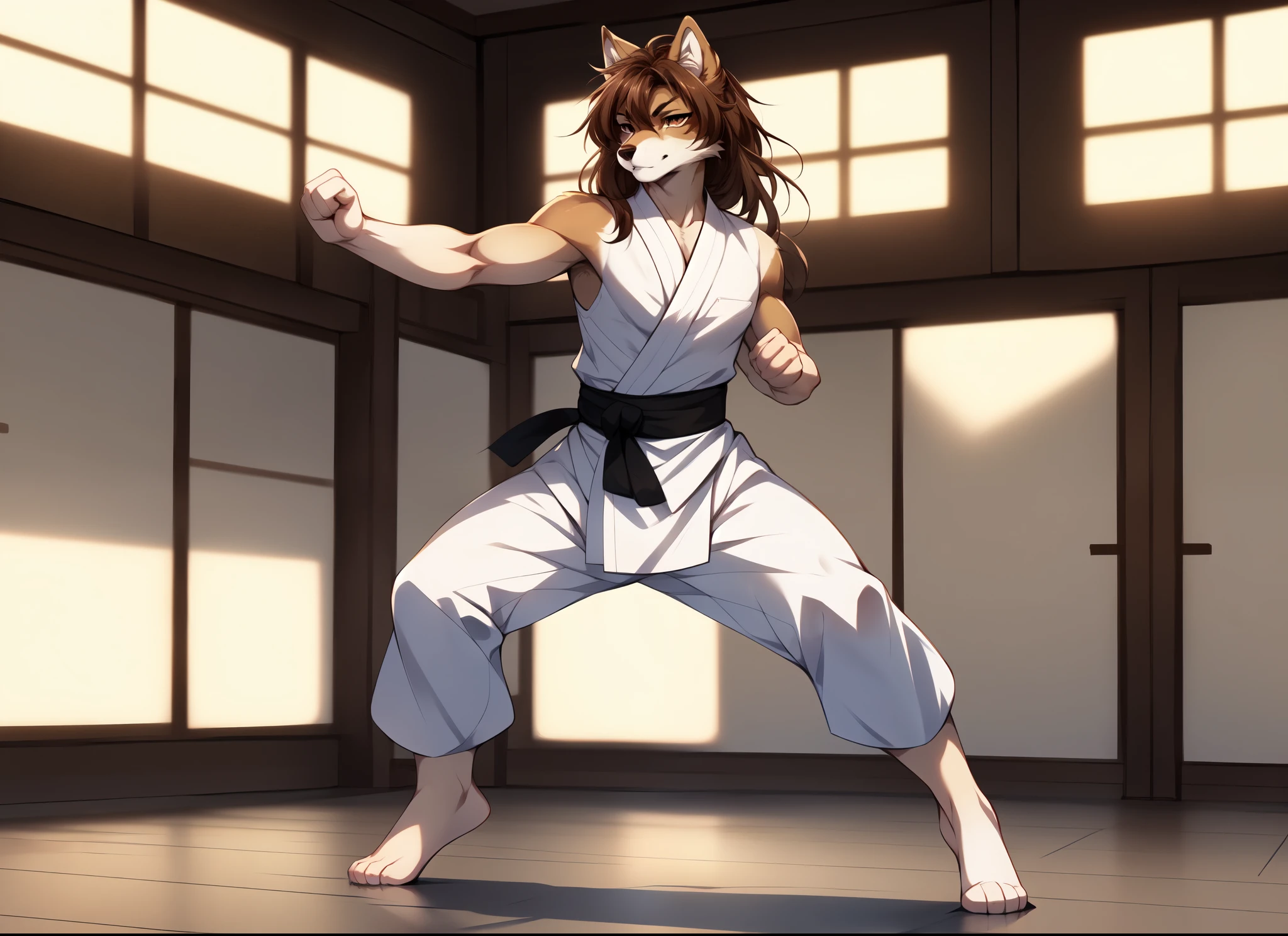 seulement, par fumiko, par Hyattlen, jaiden, loup brun mâle, cheveux bruns, oreilles de loup marron, queue de loup marron, visage sérieux, féminin, in a karaté dojo, in a karaté outfit, practicing karaté moves, posture d&#39;art martial, karaté pose, doing Arts martiaux, karaté, Posture de combat, Arts martiaux, position de combat, in a pose de combat, pose de combattant, dans une pose d&#39;action, pose d&#39;action confiante, position de combat energy, in a position de combat, pose de combat, pose de combat, Porter un IG blanc, manches déchirées, Sans manches:1.3, Position puissante