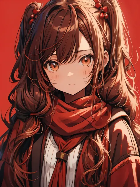 brown eyes、long hair、twin tails、Scarf、Red background、duffel coat、chocolate、girl、Colorful hair ornaments、Valentine、wavy hair