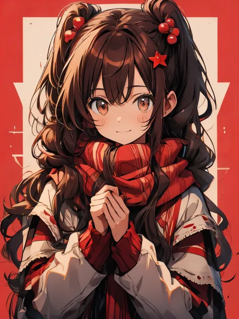 brown eyes、long hair、twin tails、Scarf、Red background、duffel coat、chocolate、girl、Colorful hair ornaments、Valentine、wavy hair、shy ...