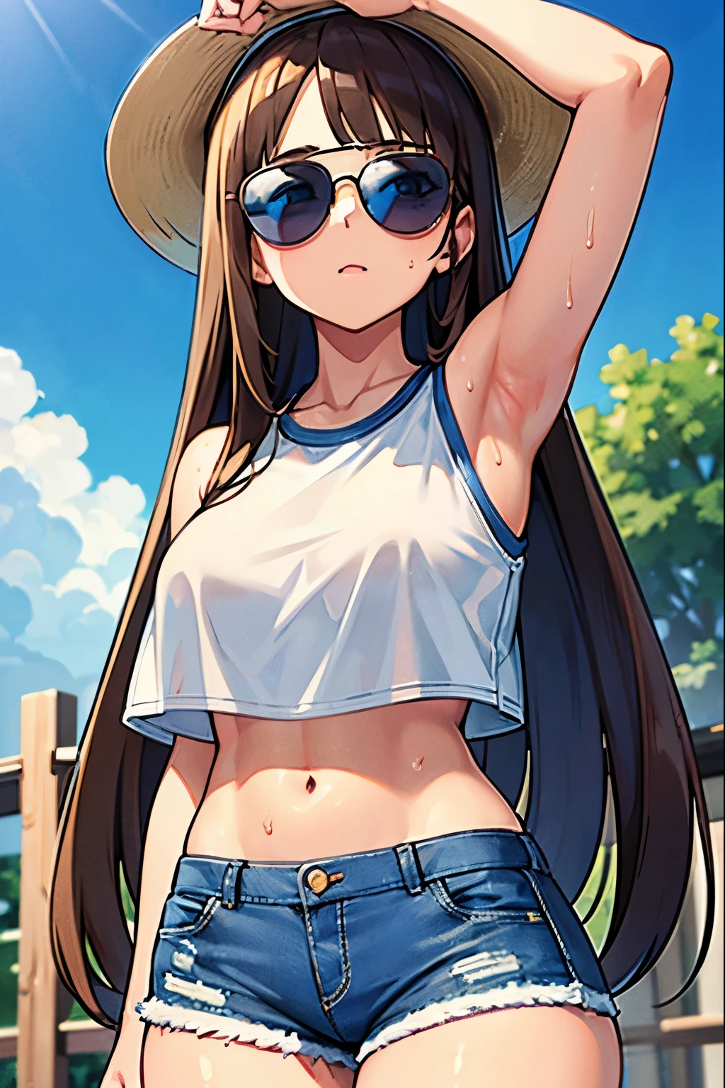 Anime girl in a hat and sunglasses posing for a picture - SeaArt AI