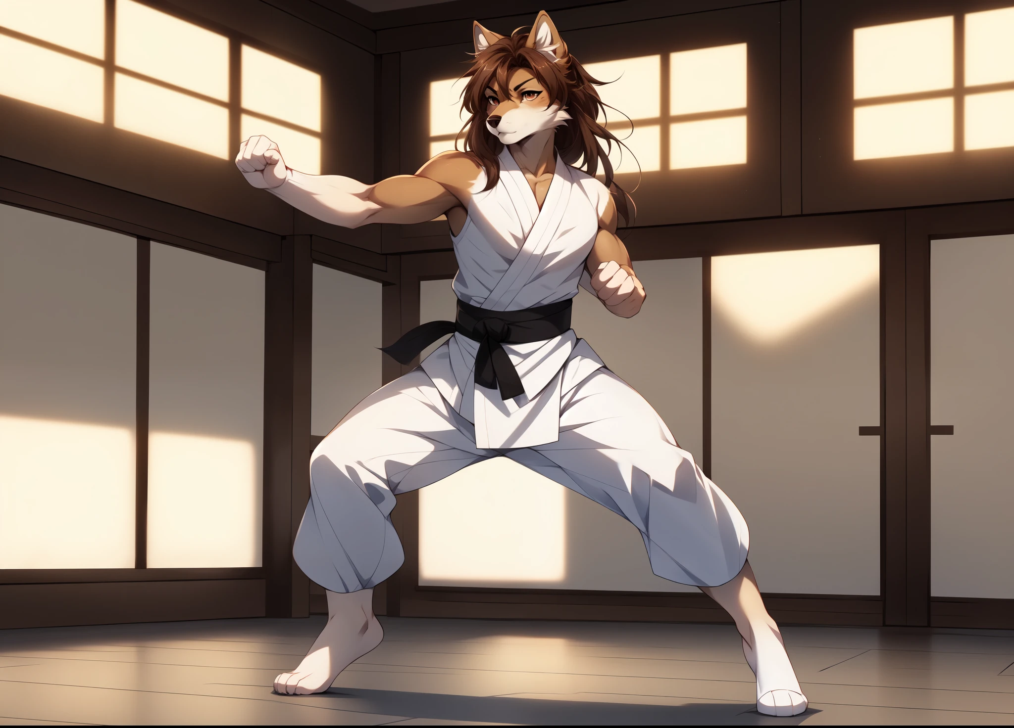 Solo, by fumiko, by hyattlen, Jaiden, brown wolf male, brown hair, brown wolf ears, brown wolf tail, serious face, feminine, in a karate dojo, in a karate outfit, practicing karate moves, martial art pose, karate pose, doing martial arts, karate, fighting posture, martial arts, fighting stance, in a fighting pose, fighter pose, in an action pose, confident action pose, fighting stance energy, in a fighting stance, fight pose, fighting pose, wearing a white gi, ripped sleeves, sleeveless:1.3, powerful stance