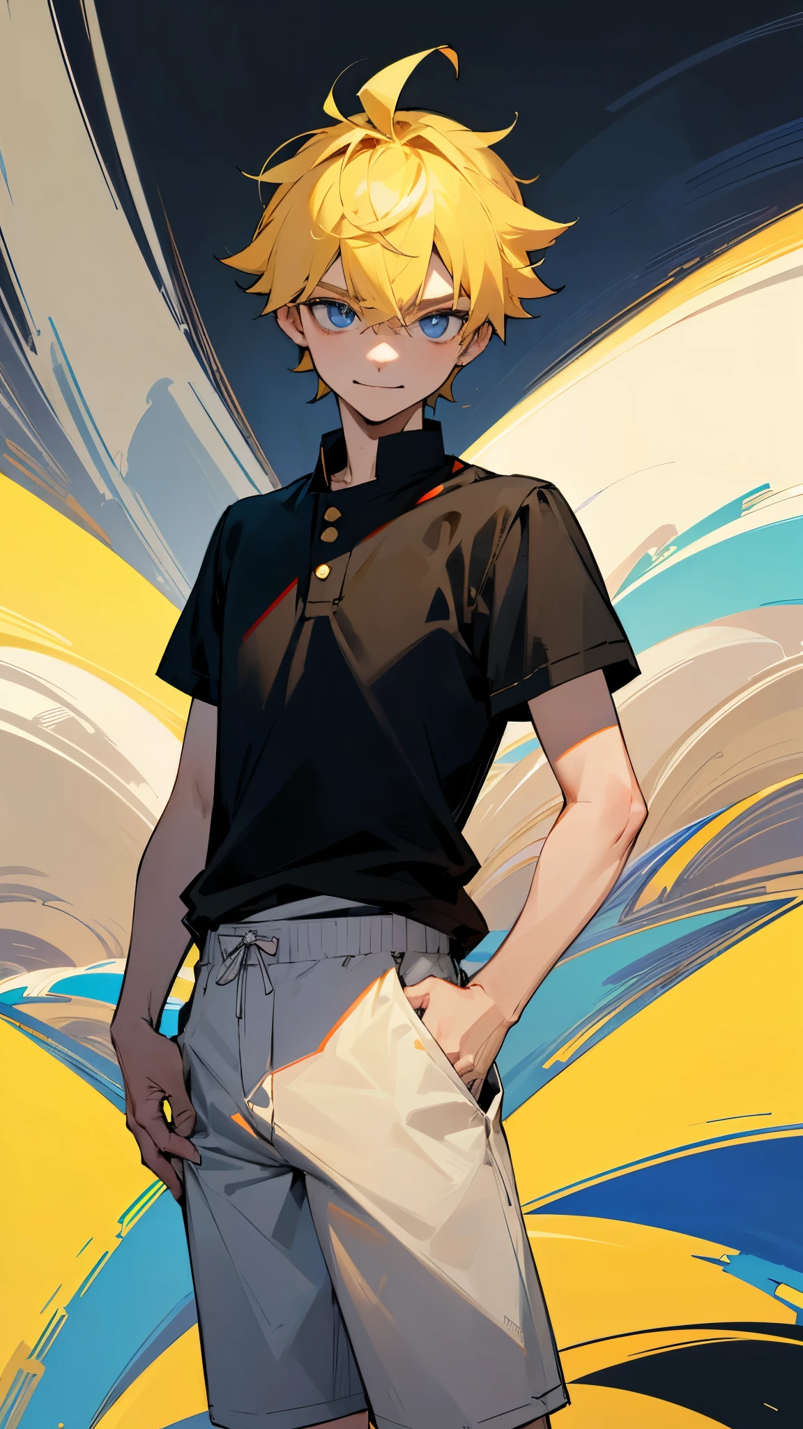 highres,wallpaper,独奏,,1 boy,original,illustration,Blue eyes,yellow hair,masterpiece,male,male focus,boy, ((masterpiece)),(((best quality))), (high-quality, breathtaking), (expressive eyes, perfect face), 1boy, 独奏,male,smirk,shorts,erect under pants,black t-shirt :1.1,shorts,juvenile，Hip bulge:1.2，Street View