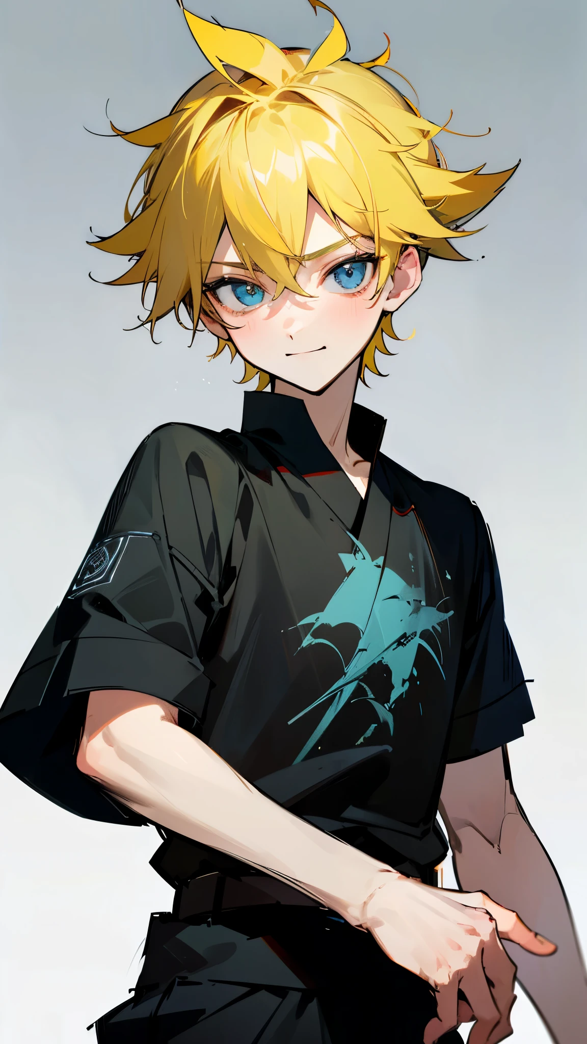 highres,wallpaper,独奏,,1 boy,original,illustration,Blue eyes,yellow hair,masterpiece,male,male focus,boy, ((masterpiece)),(((best quality))), (high-quality, breathtaking), (expressive eyes, perfect face), 1boy, 独奏,male,smirk,shorts,black t-shirt :1.1,shorts,juvenile，(Hip bulge:1.2)，Town景，architecture，Town,shota,cute