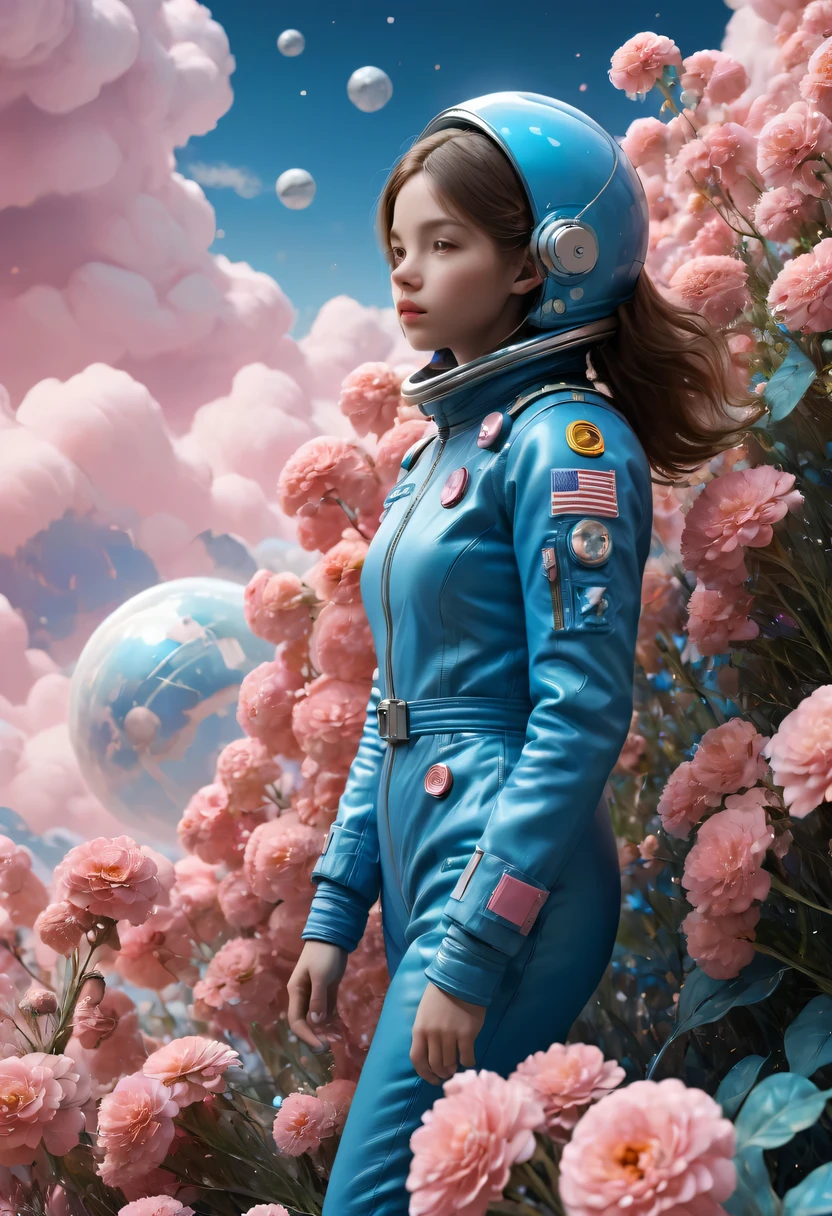 1 girl, Blue leather coat,，Astronaut walking among the flowers in pink clouds， astronaut，The astronaut cannot leave the planet，Astronaut lost in the endless space.