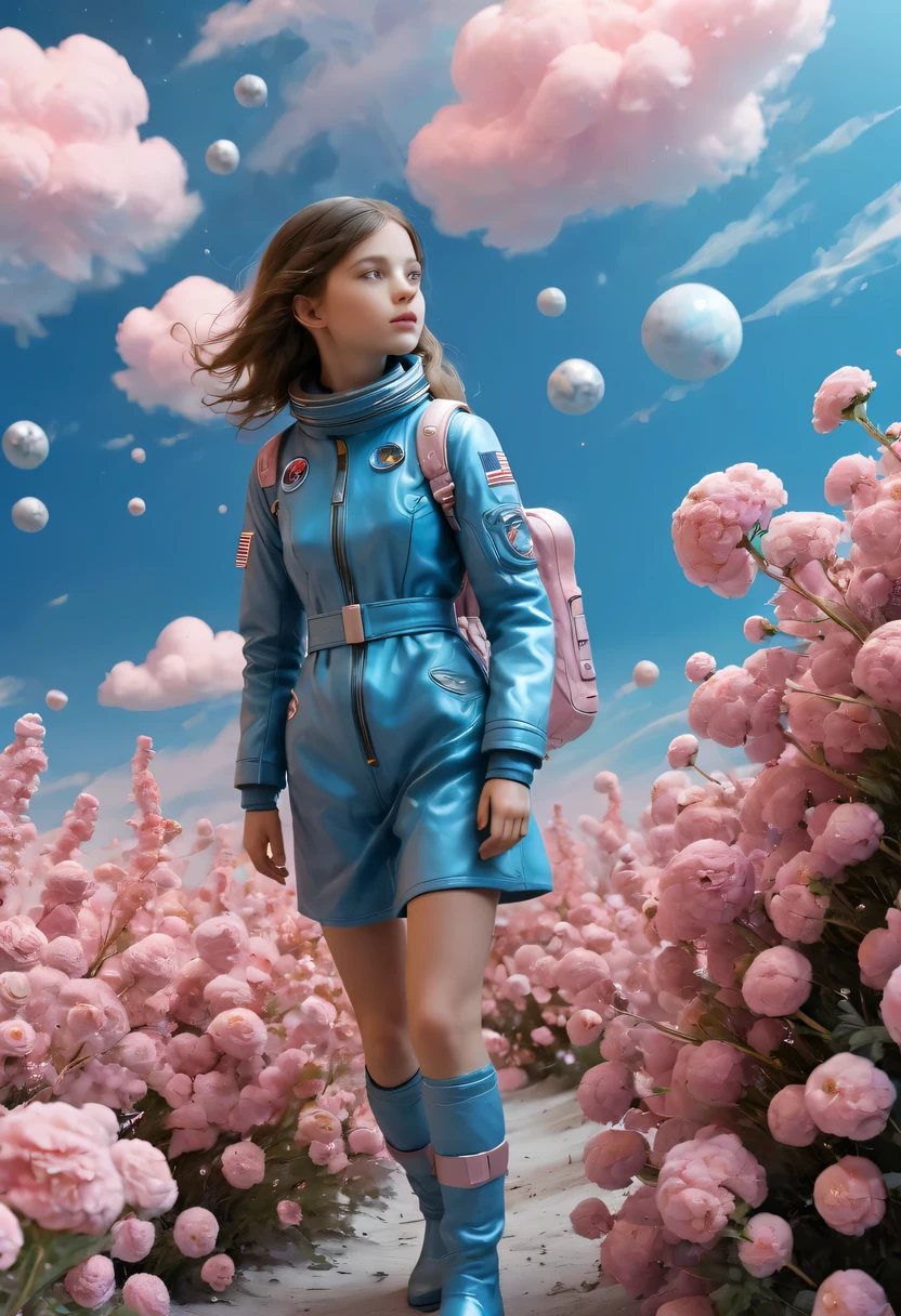 1 chica, Abrigo de cuero azul,，astronauta camina entre flores con nubes rosadas， astronaut，El astronauta no puede abandonar este planeta.，el astronauta perdido en el vasto espacio.