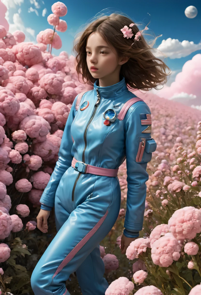 1 girl, Blue leather coat,，Astronaut walking among the flowers in pink clouds， astronaut，The astronaut cannot leave the planet，Astronaut lost in the endless space.