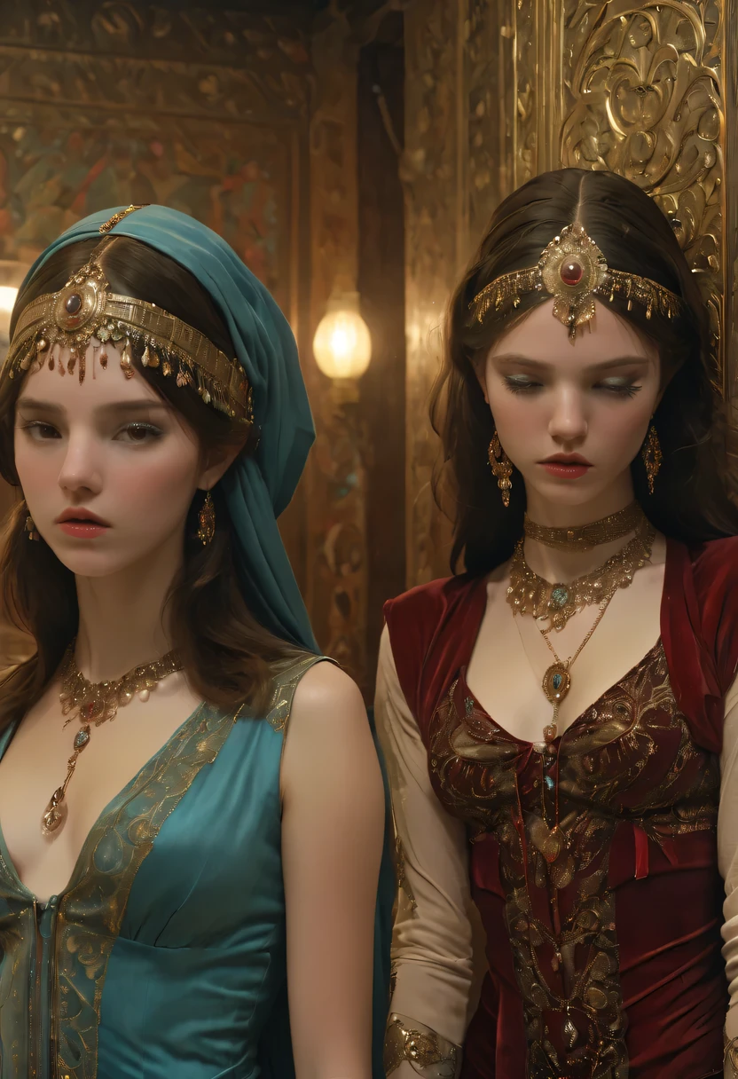 Two men in costume stood side by side, Tom Bagshaw and Sabhas Appurus, still from music video, she&#39;dress like a belly dancer, A group of people in the elevator, 7 0 seconds visuals, Wonderful details on the whole face, still image in, Medieval peasant, Fashion Week backstage, Andrei Kolkoutine, bohemian style, Pre-Raphaelite  