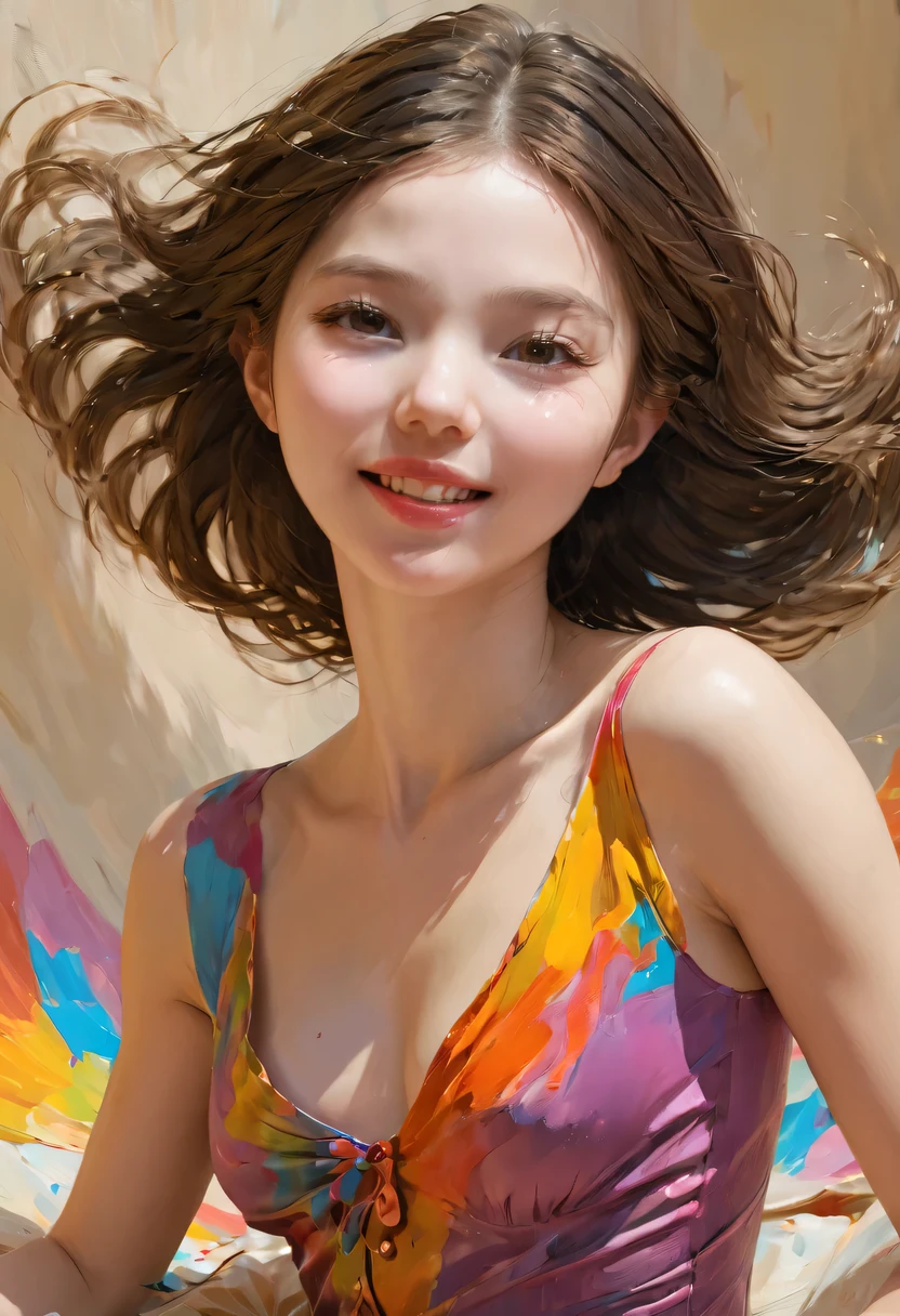 ((masterpiece, actual, best quality, extremely complex, alone, 1 girl)), Color connection, colorful的, Vibrant color scheme, colorful, spot color, national foundation, (portrait, Face focus), nose blushing, Sensual, cellar, noon, bending, (girl), (grinning:1.2), hair between eyes, raise your legs