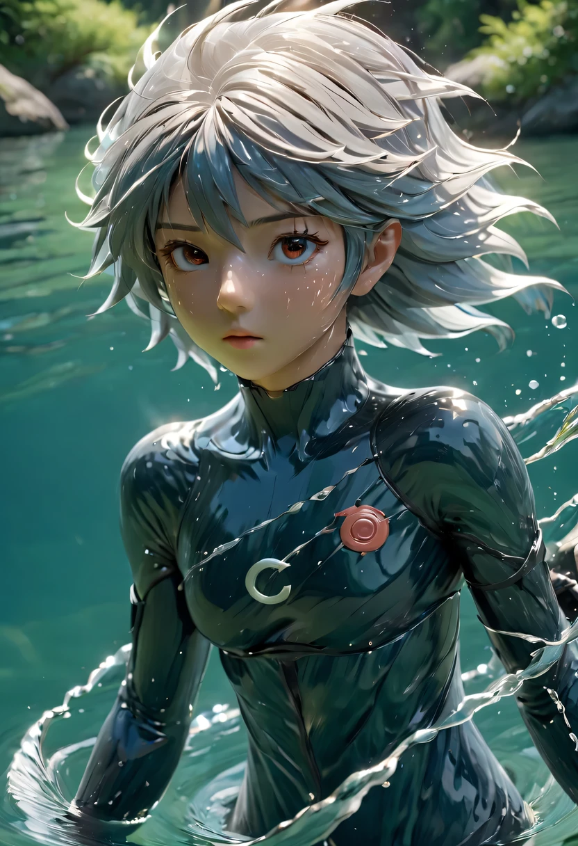 Kakashi Kiki, (in the lake), masterpiece, best quality, Super quality, Ridiculous details, The best light, best shadow, sharp, sharp picture, detailed face, detailed eyes, detailed hair, detailed, extremely detailed, great determination, 8k, 4K, ultra high definition, Ray tracing, beautiful effect, image (whole body)
