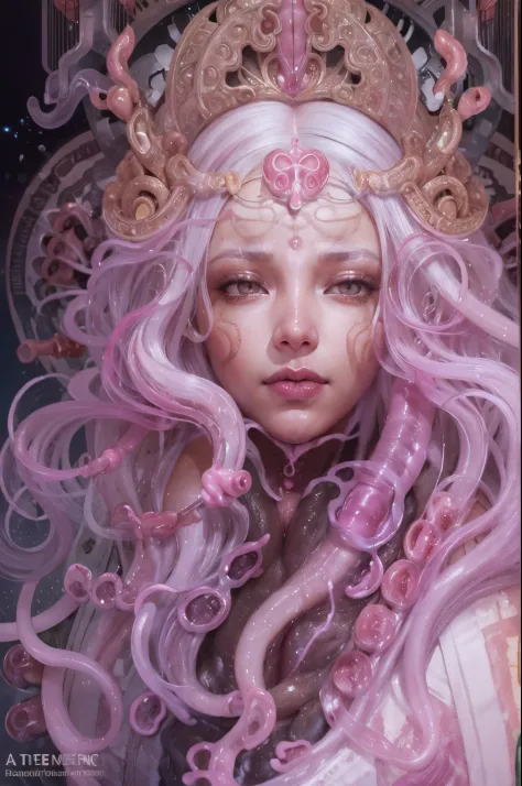  ((female ornate princess)), (with white long flowing hair), (bright beautiful eyes), trending on artstation, tentacles of beaut...