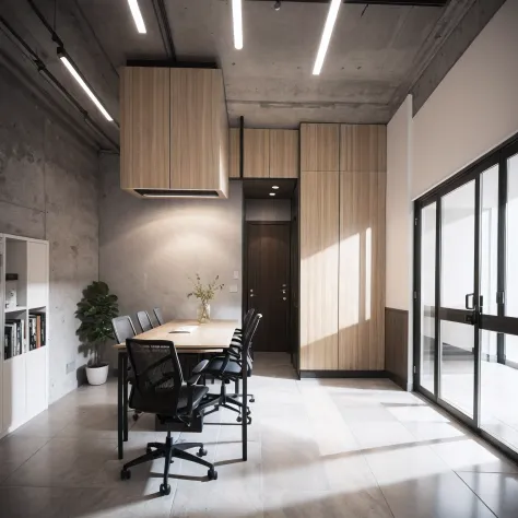 "/imaginar: um hub para arquitetos e designers, com estilo minimalista, contemporary and elegant, com cores neutras. There is a sample room of coatings, modern workstations, copa, meeting room, Mezzanine accessible by an apparent staircase, framed by vario...