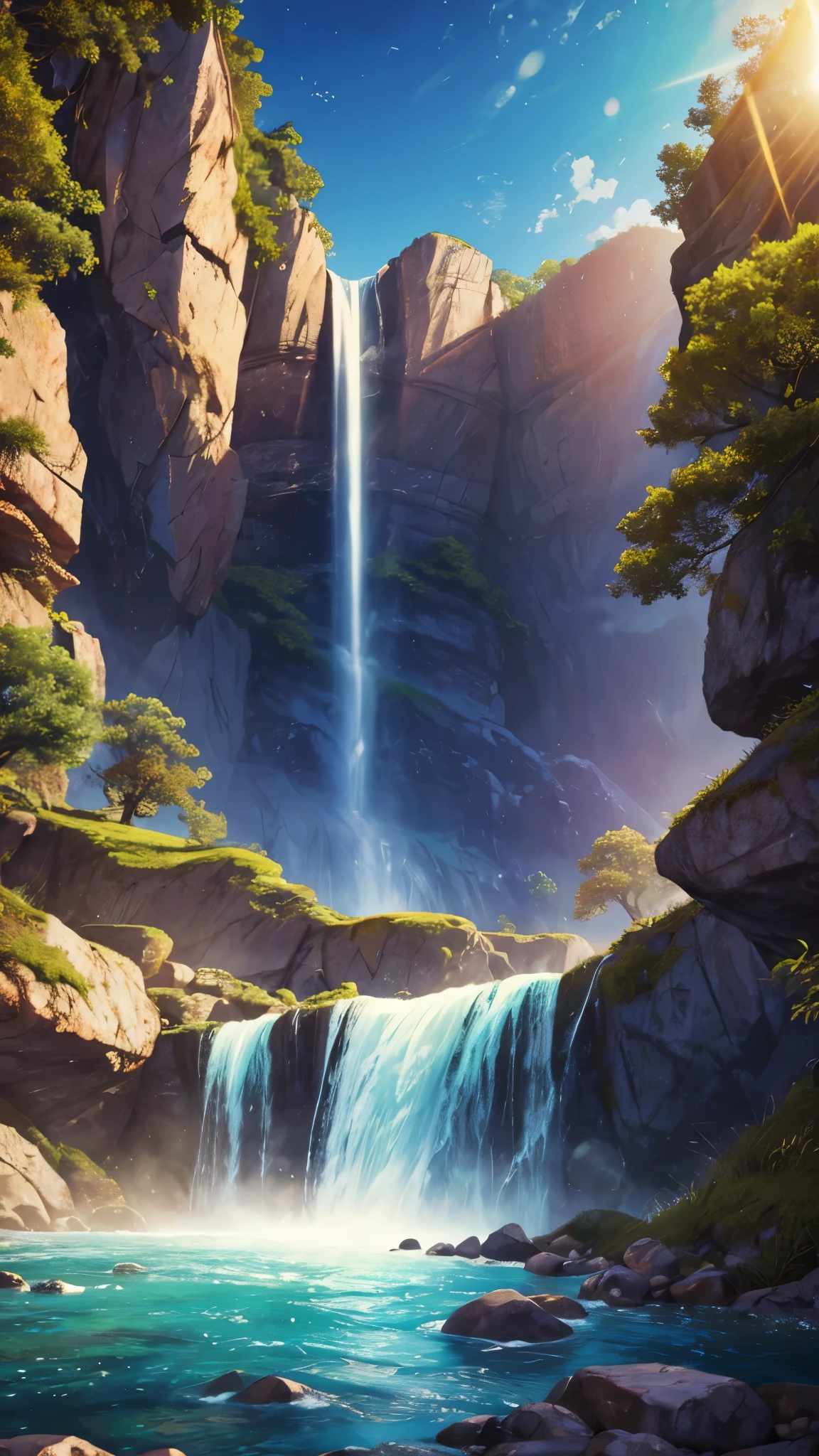 Chaotic rushing waterfalls in tranquil beautiful landscapes, ray tracing, detailed reflections, intricacies, high detail, drama, masterpieces of the best quality, photorealistic realism, detail, 8k, HDR, backlight, halo, flash, chromatic aberration, sharp focus