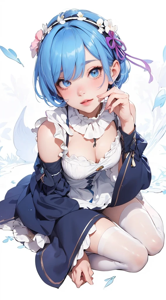 (best quality,4k,highres,masterpiece:1.2),ultra-detailed,realistic,hdr,anime,girl,blue hair,white dress,rem rezero,beautiful detailed eyes,beautiful detailed lips,sitting on the ground,wildflowers around her,sunlight filtering through the trees,peaceful atmosphere,vibrant colors,soft shadows,dreamy style