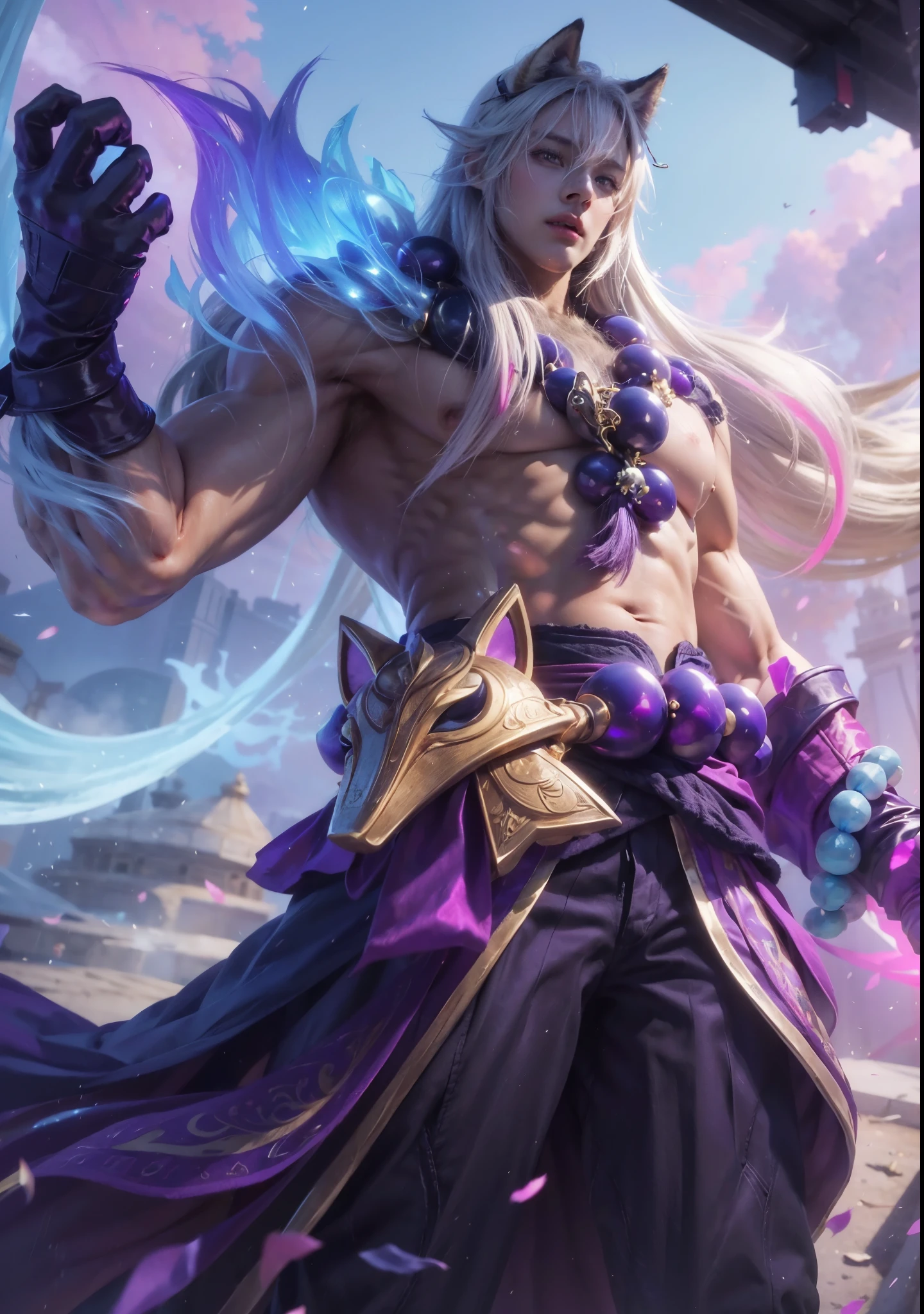 (Realistic),1 young adult man, Texture, White fluffy hair, red eyes, (Head slightly raised), Eyes with contempt, anger, Dog ears, bronze skin, toned body, confident looking, proud look, Huge purple prayer beads