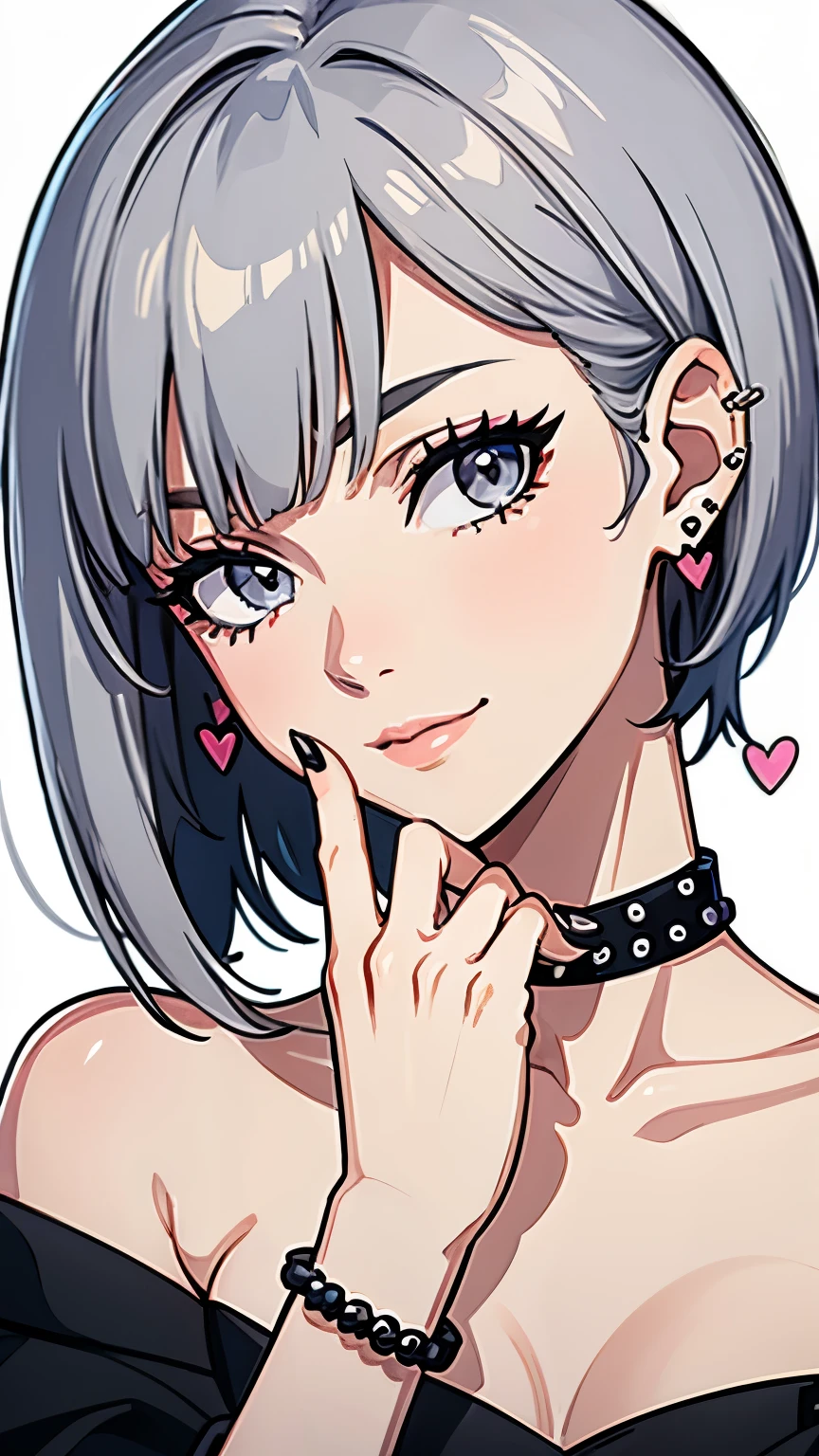 pilyeon, solo, 1girl, black nails, jewelry, short hair, looking at viewer, choker, necklace, hand on own face, piercing, white background, heart, closed mouth, grey eyes, nail polish, simple background, grey hair, ear piercing, black choker, smile, eyelashes, lips, hand on own cheek, bangs, bracelet, beads, gem, earrings, fingernails