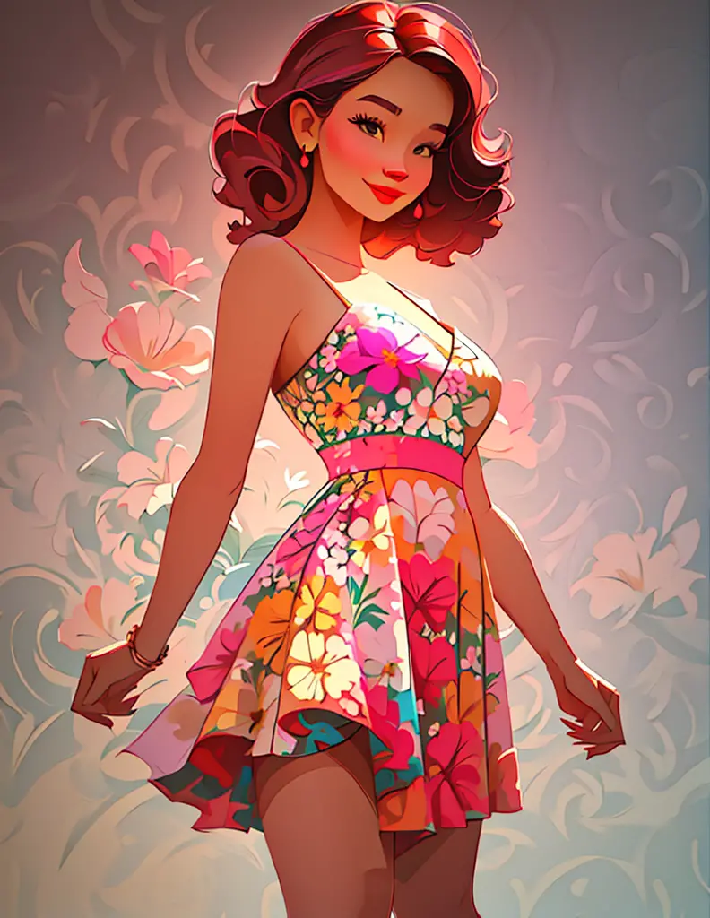cartoon girl in a floral dress posing for a picture, beautiful digital illustration, beautiful retro art, stunning character art...