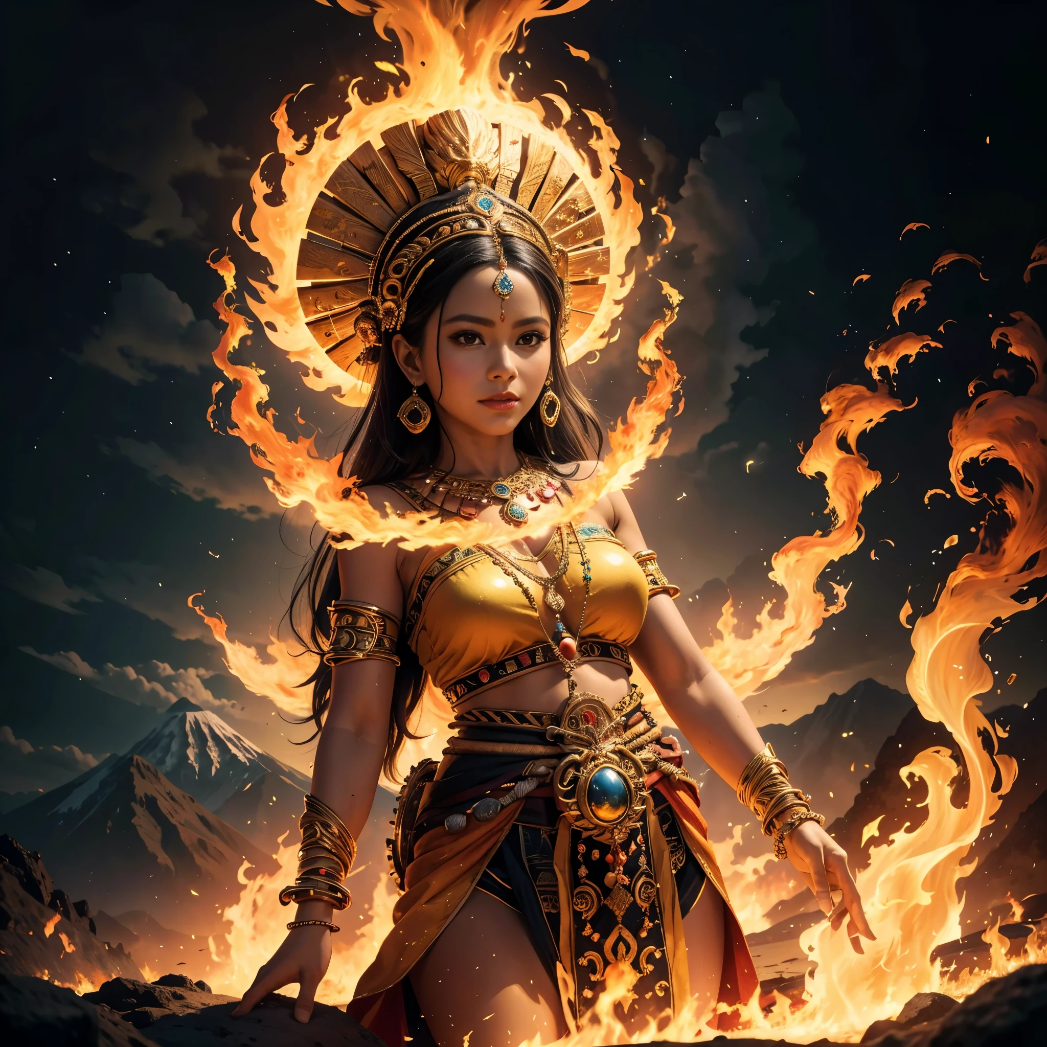 (best quality,4k,8k,highres,masterpiece:1.2),ultra-detailed, Inca Goddess Mama Nina, s0f14v-v2, goddess of fire, light, and volcanoes, Mother Fire,, drawn in the style of Yoshitaka Amano, HDR, 8k, absurdres, cinestill 800, sharp focus, add_detail:2